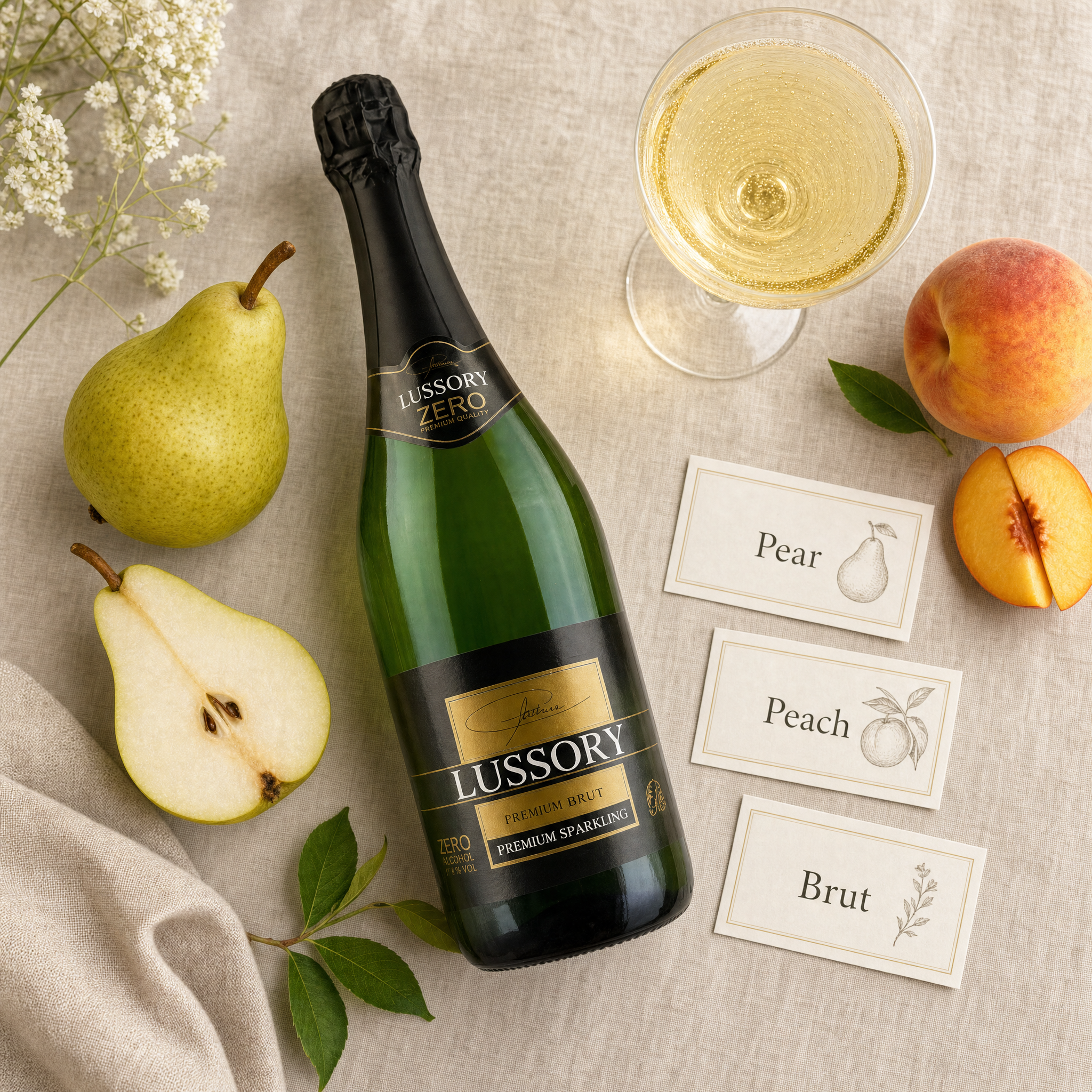 Lussory Premium Brut Sparkling tasting flatlay — pear, peach, brut
