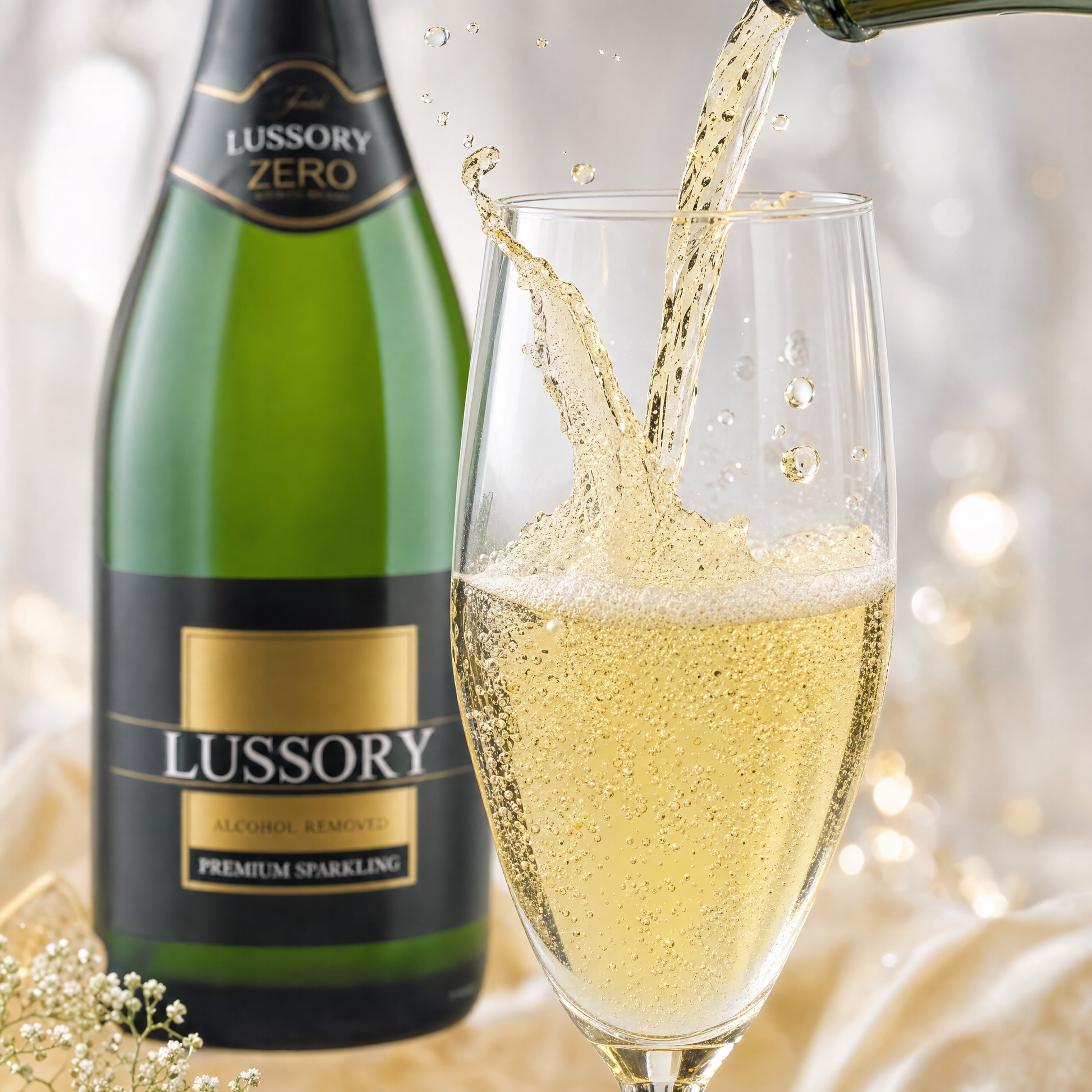 Lussory Premium Brut Sparkling 0.0% golden sparkling pouring into a flute