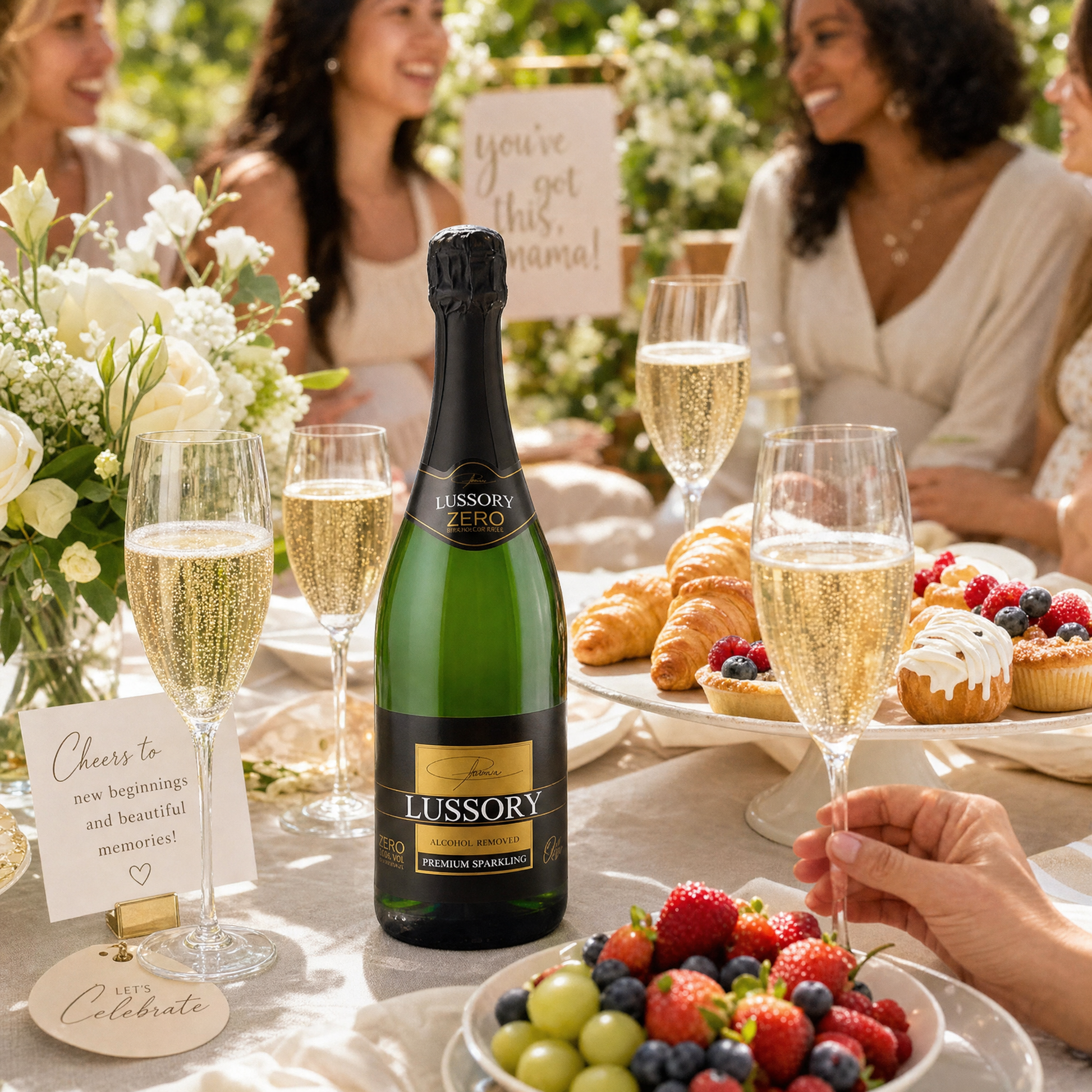 Lussory Premium Brut Sparkling 0.0% at a sunlit garden celebration brunch