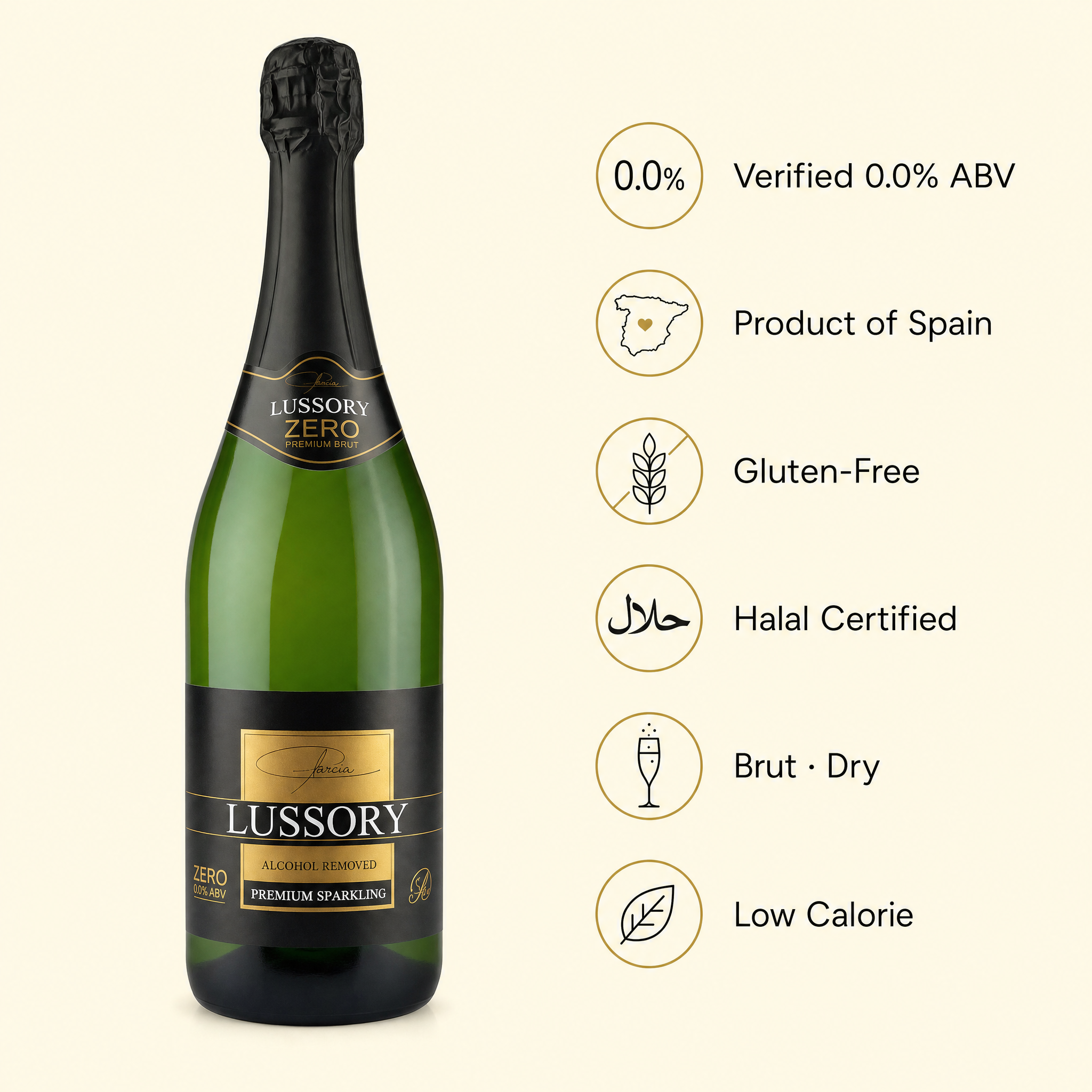 Lussory Premium Brut Sparkling benefits — 0.0% ABV, Spain, gluten-free, halal, brut, low calorie