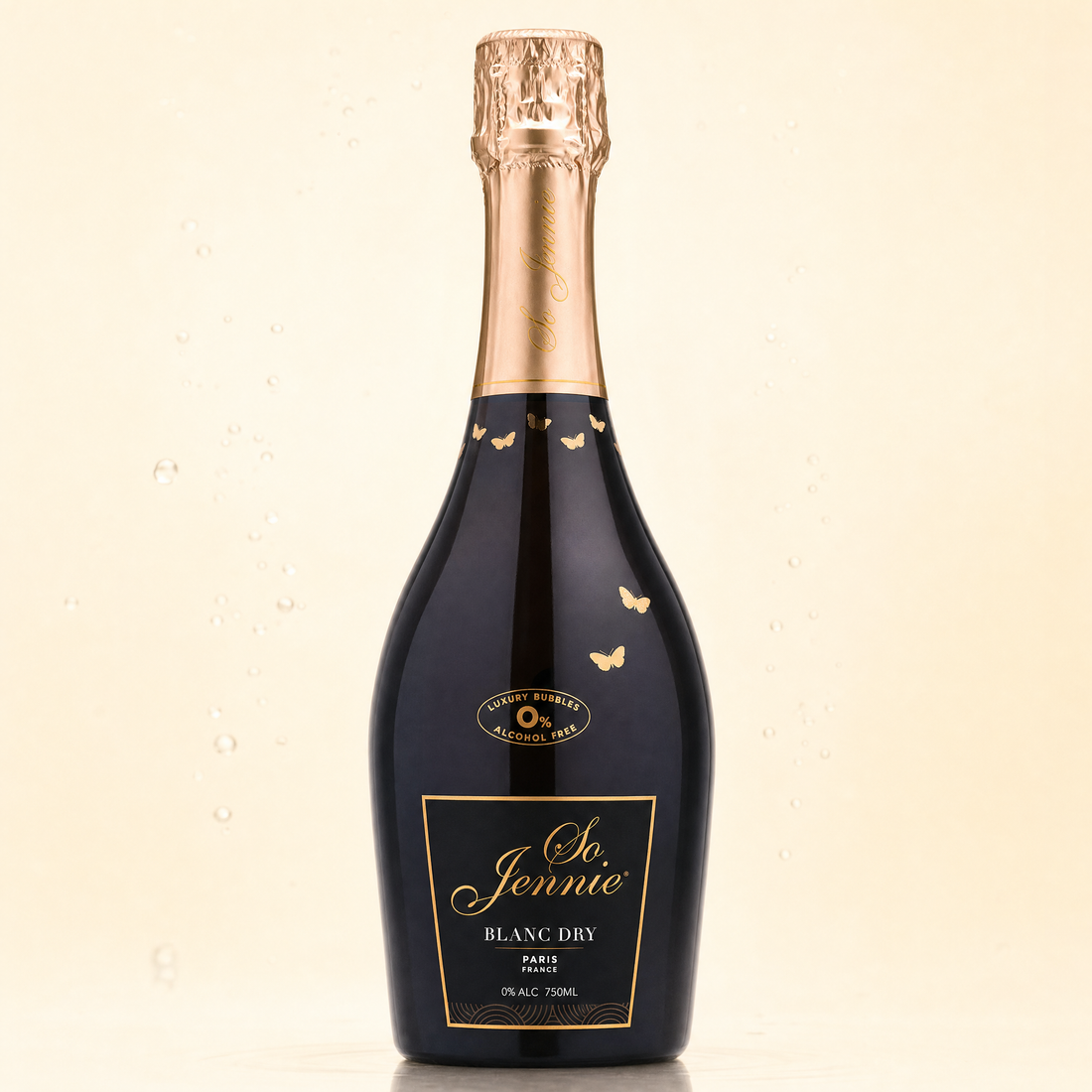 So Jennie Paris Blanc 0.0% non-alcoholic French sparkling wine bottle on cream background