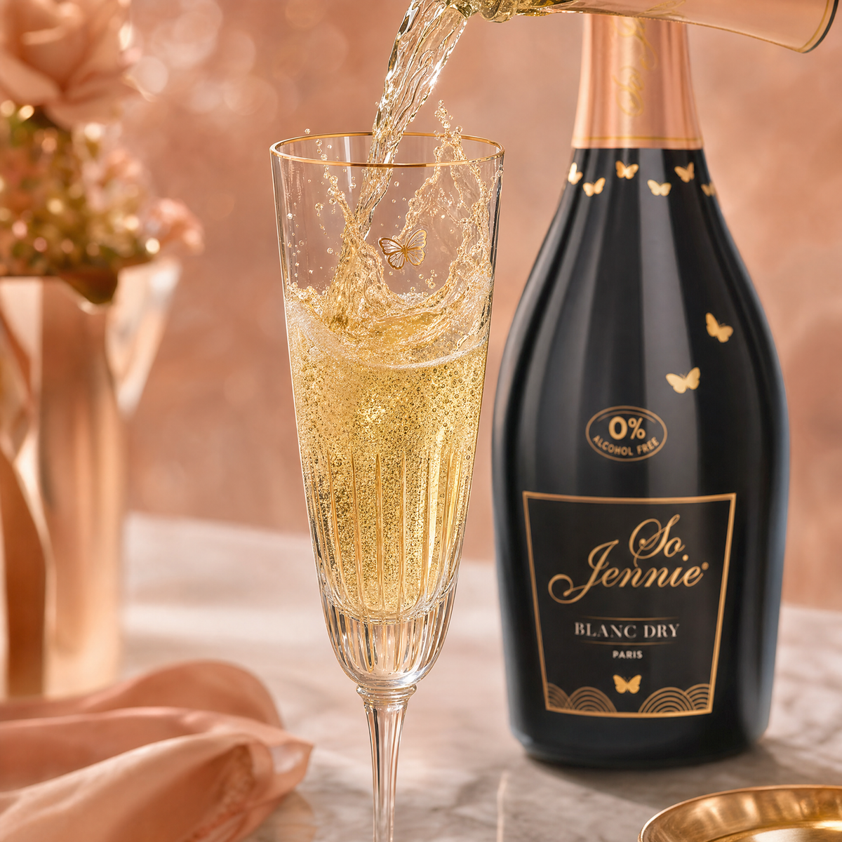 So Jennie Paris Blanc 0.0% golden sparkling pouring into a flute