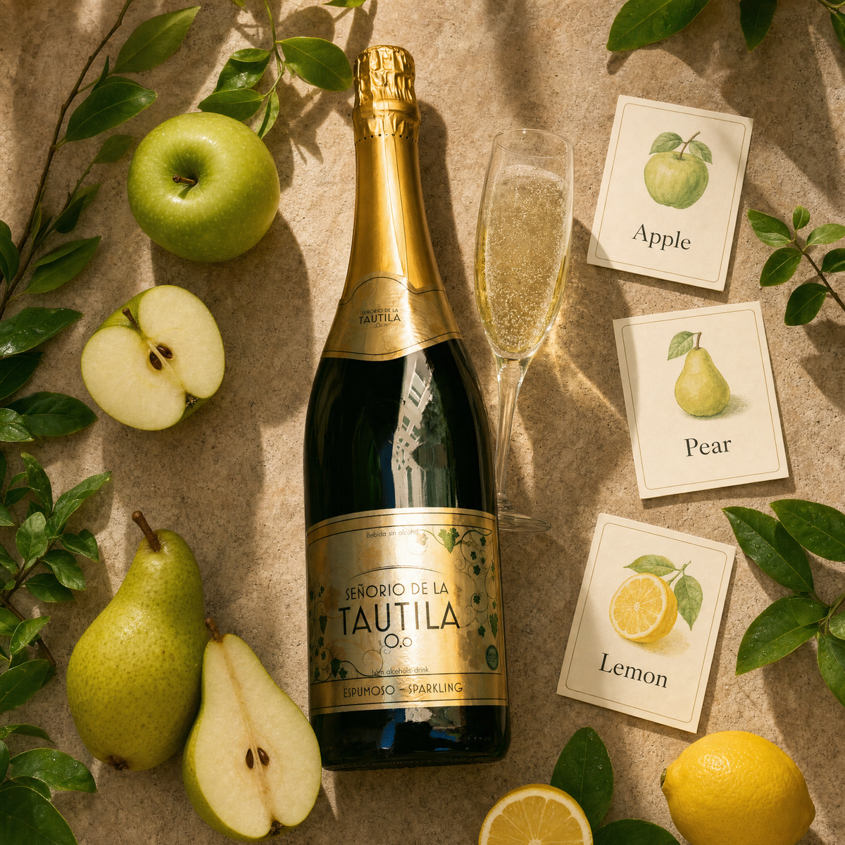 La Tautila Espumoso tasting flatlay — apple, pear, lemon