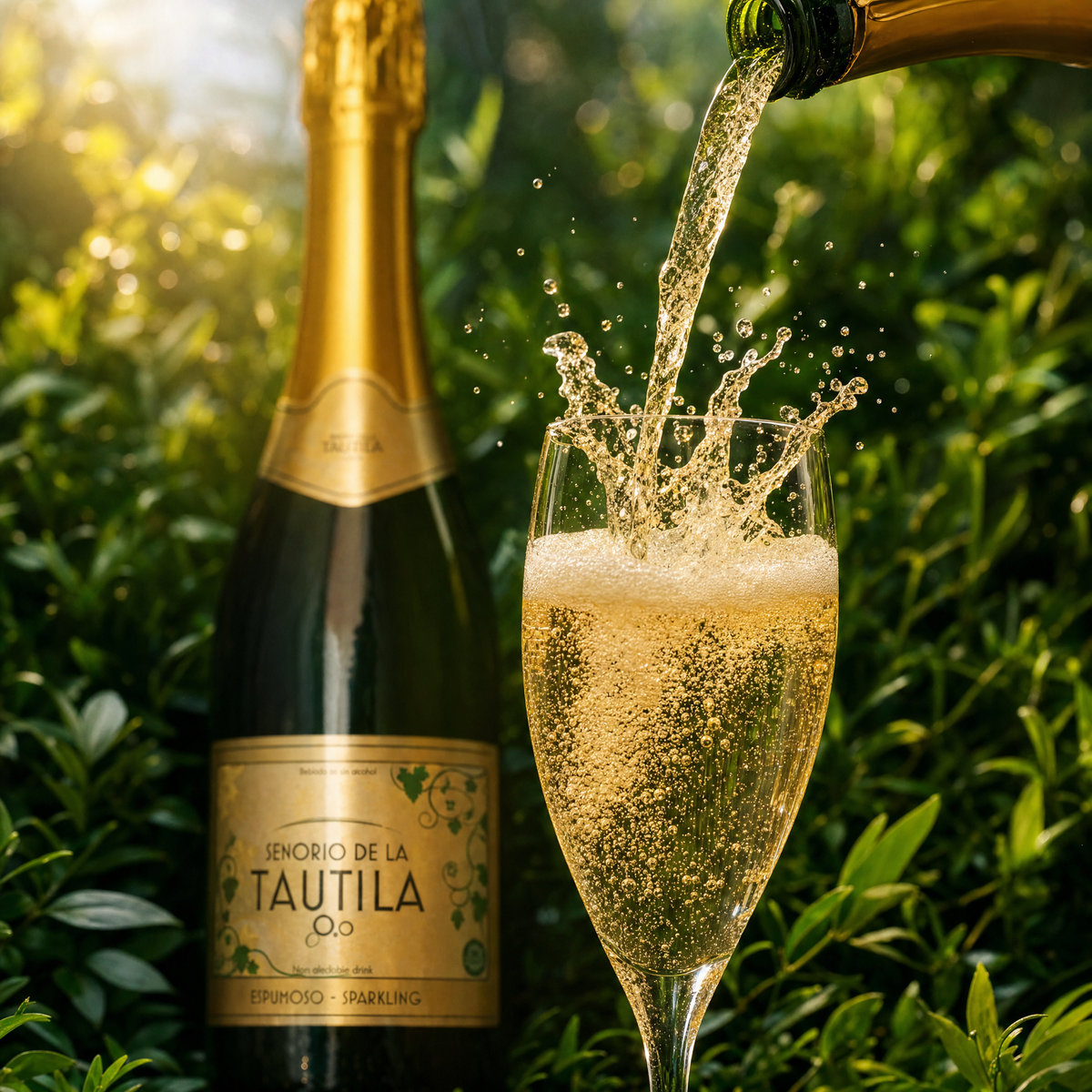 La Tautila Espumoso 0.0% golden sparkling pouring into a flute