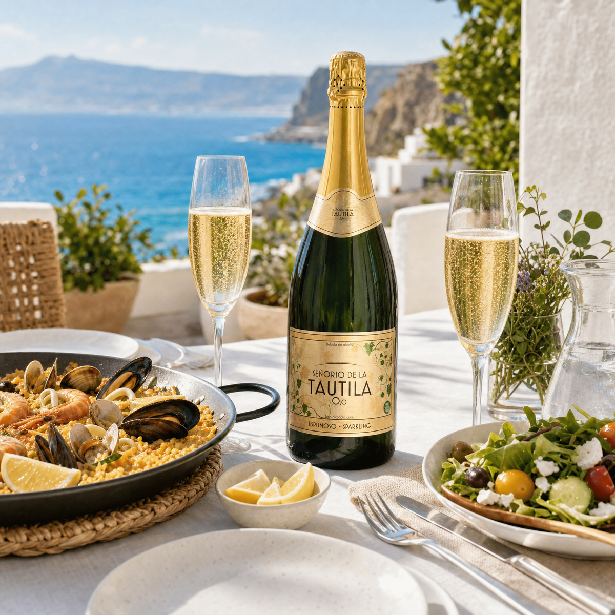 La Tautila Espumoso 0.0% at a Mediterranean seaside lunch
