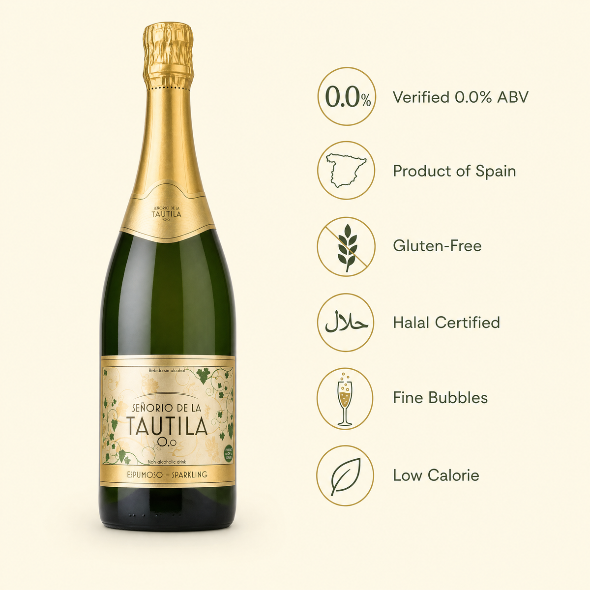 La Tautila Espumoso benefits — 0.0% ABV, Spain, gluten-free, halal, fine bubbles, low calorie