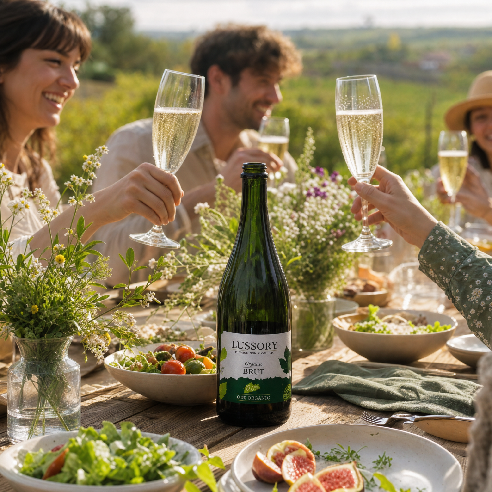 Lussory Organic Brut Sparkling 0.0% at a sunlit vineyard farm-to-table brunch
