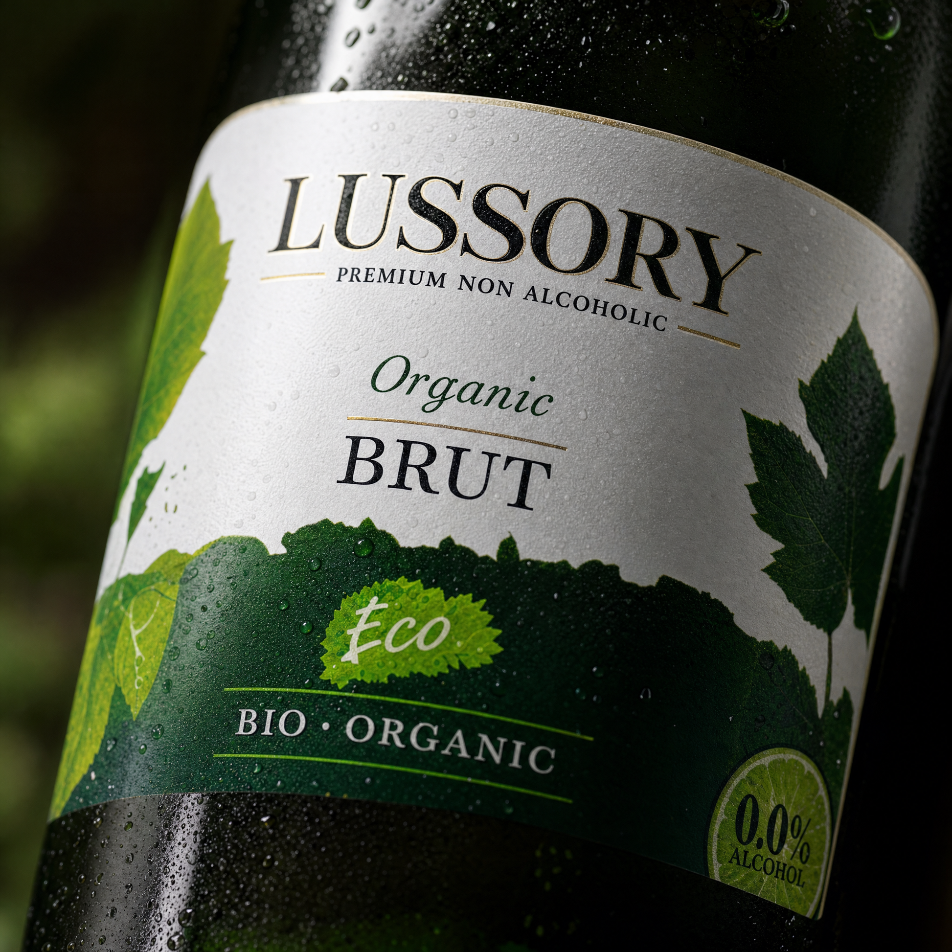 Lussory Organic Brut Sparkling label close-up — white and green, BIO organic, 0.0% alcohol