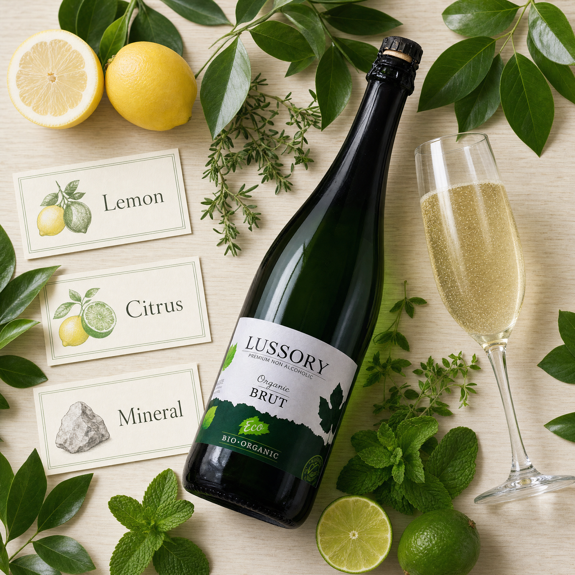 Lussory Organic Brut Sparkling tasting flatlay — lemon, citrus, mineral