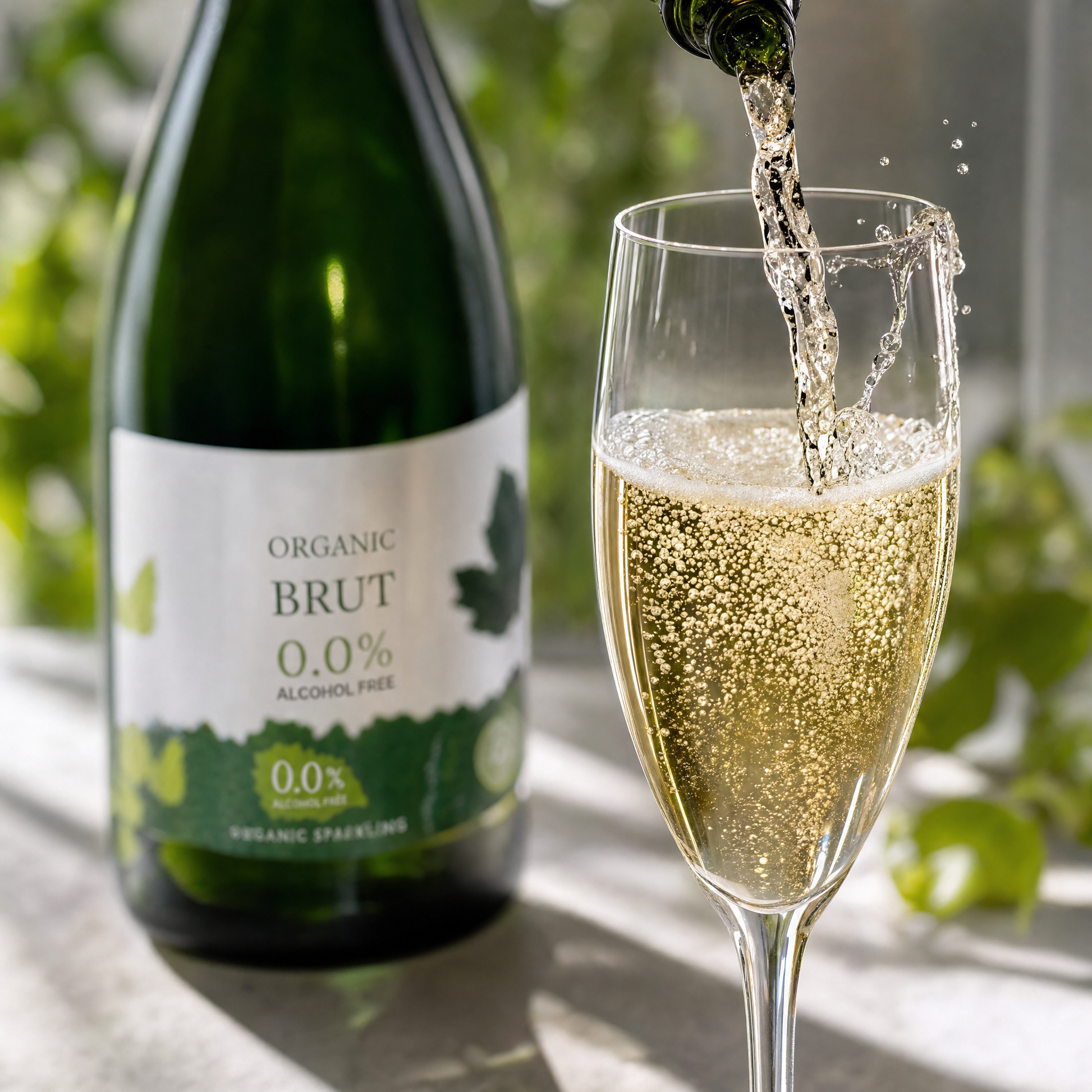 Lussory Organic Brut Sparkling 0.0% sparkling pouring into a flute