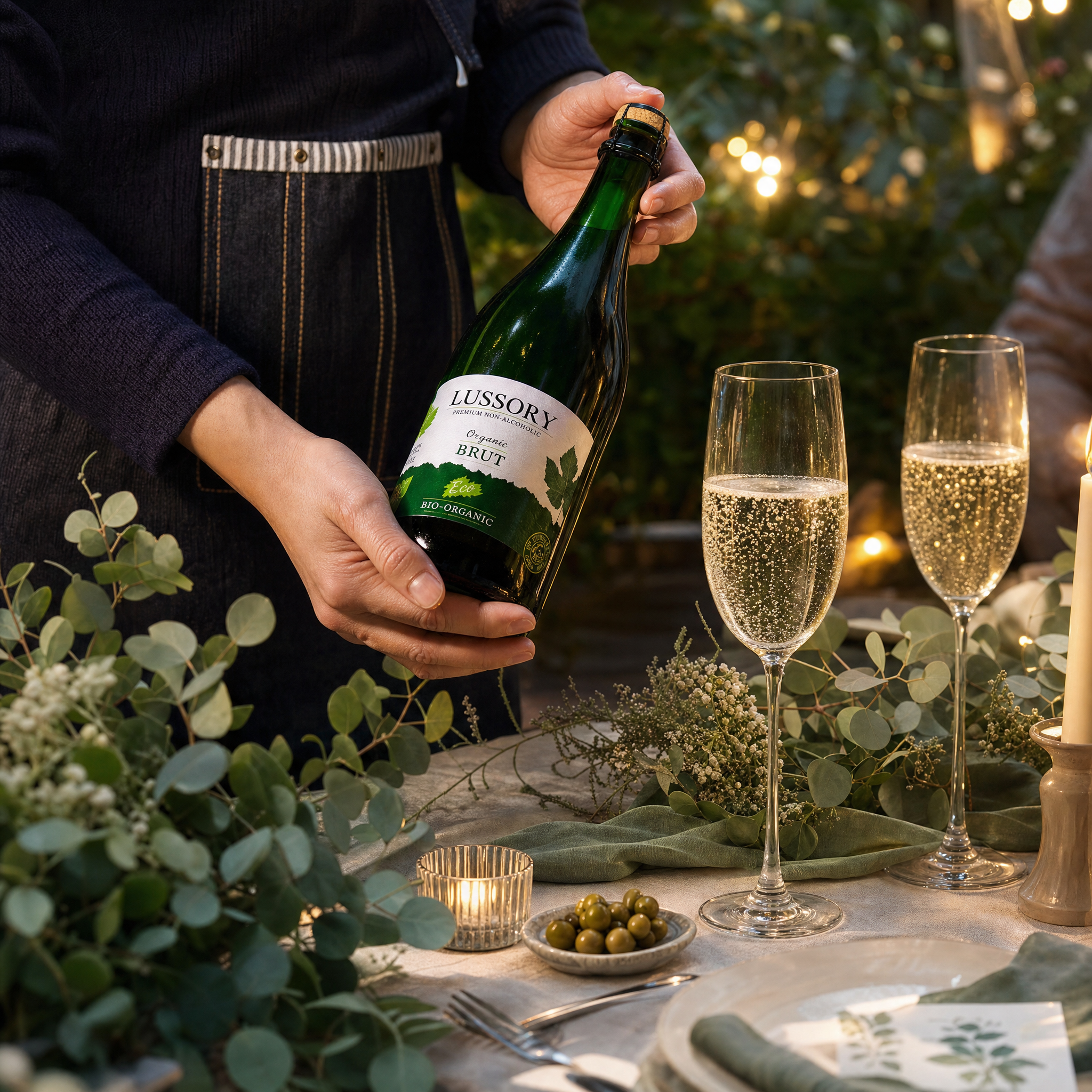 Lussory Organic Brut Sparkling 0.0% at an eco-luxe garden dinner party