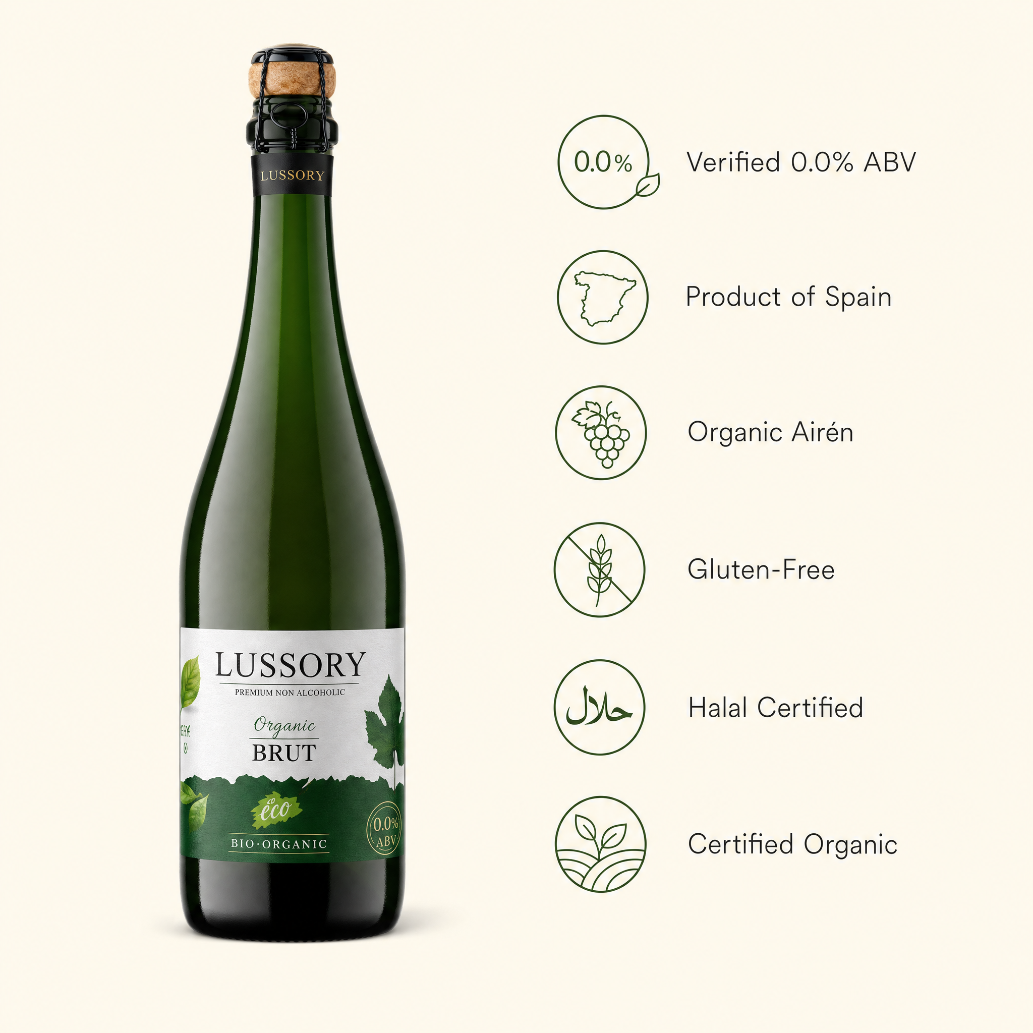 Lussory Organic Brut Sparkling benefits — 0.0% ABV, Spain, organic Airén, gluten-free, halal, certified organic