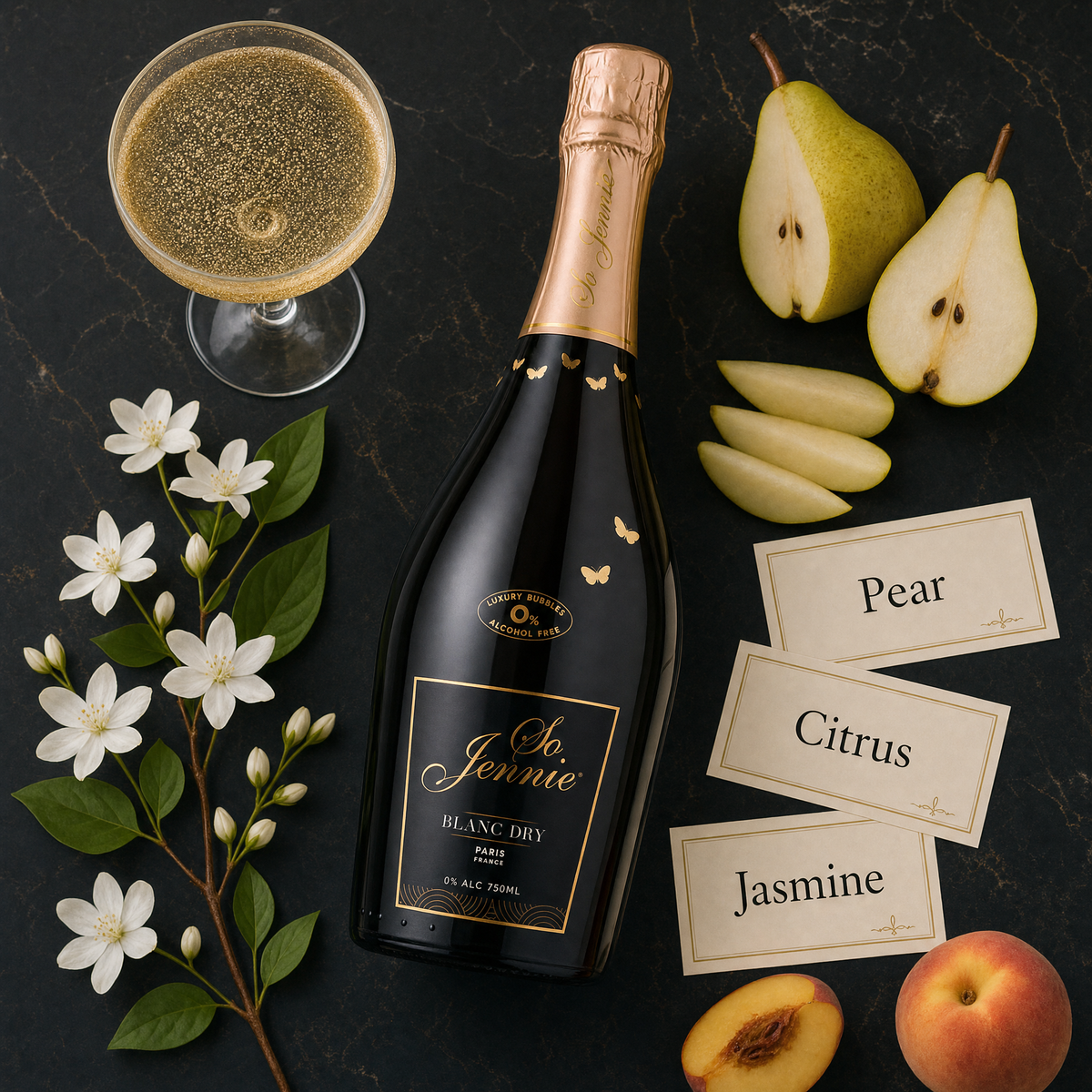 So Jennie Paris Blanc tasting flatlay — pear, citrus, jasmine