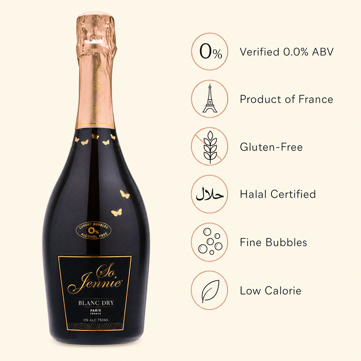 So Jennie Paris Blanc benefits — 0.0% ABV, France, gluten-free, halal, fine bubbles, low calorie