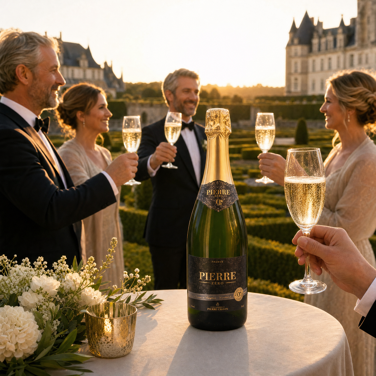 Pierre Zéro Chardonnay Sparkling 0.0% at a French château garden toast