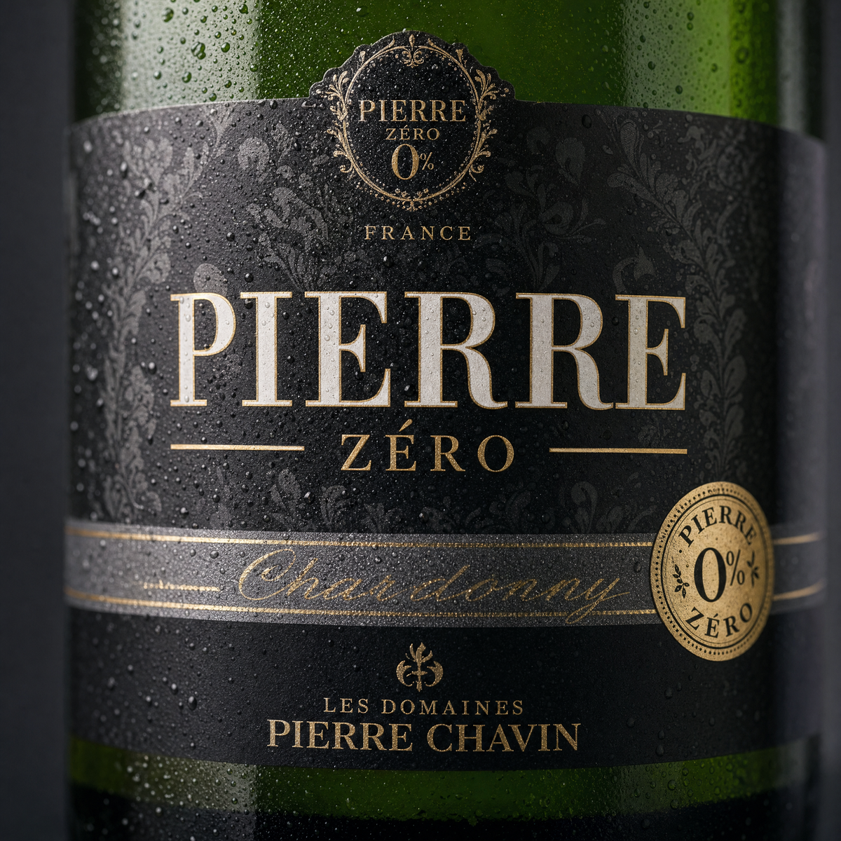 Pierre Zéro Chardonnay Sparkling label close-up — black damask and gold, 0%