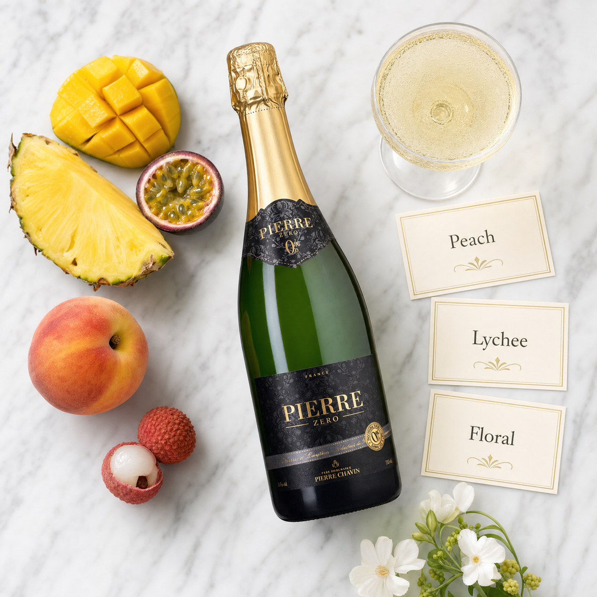 Pierre Zéro Chardonnay Sparkling tasting flatlay — peach, lychee, floral