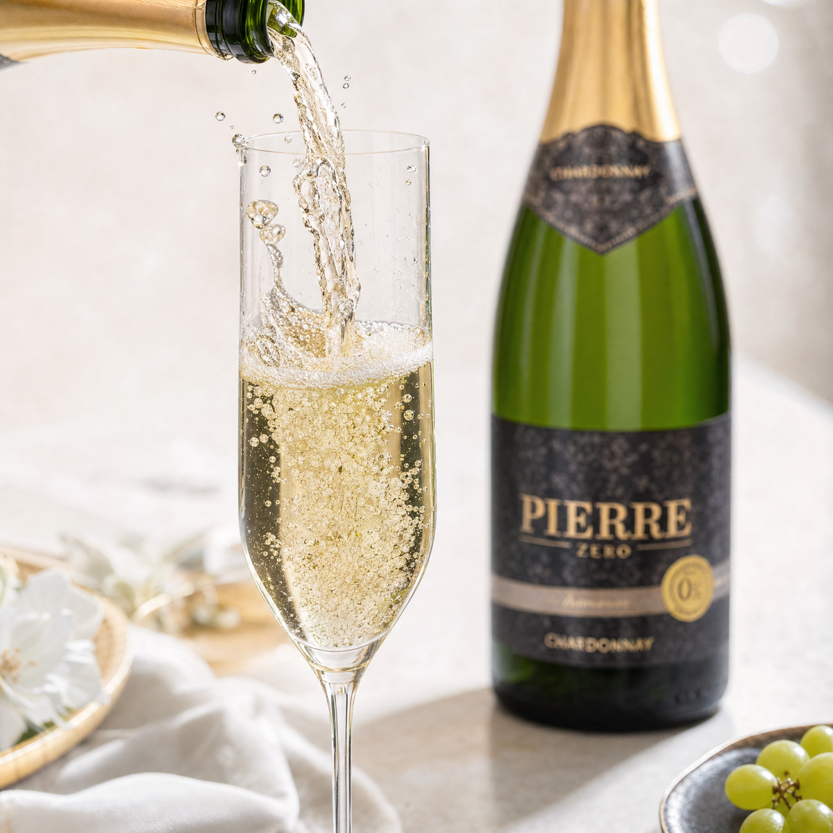 Pierre Zéro Chardonnay Sparkling 0.0% sparkling pouring into a flute