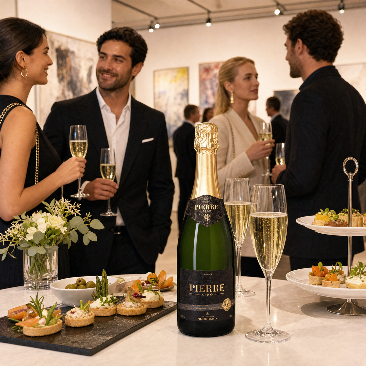 Pierre Zéro Chardonnay Sparkling 0.0% at an art-gallery cocktail reception