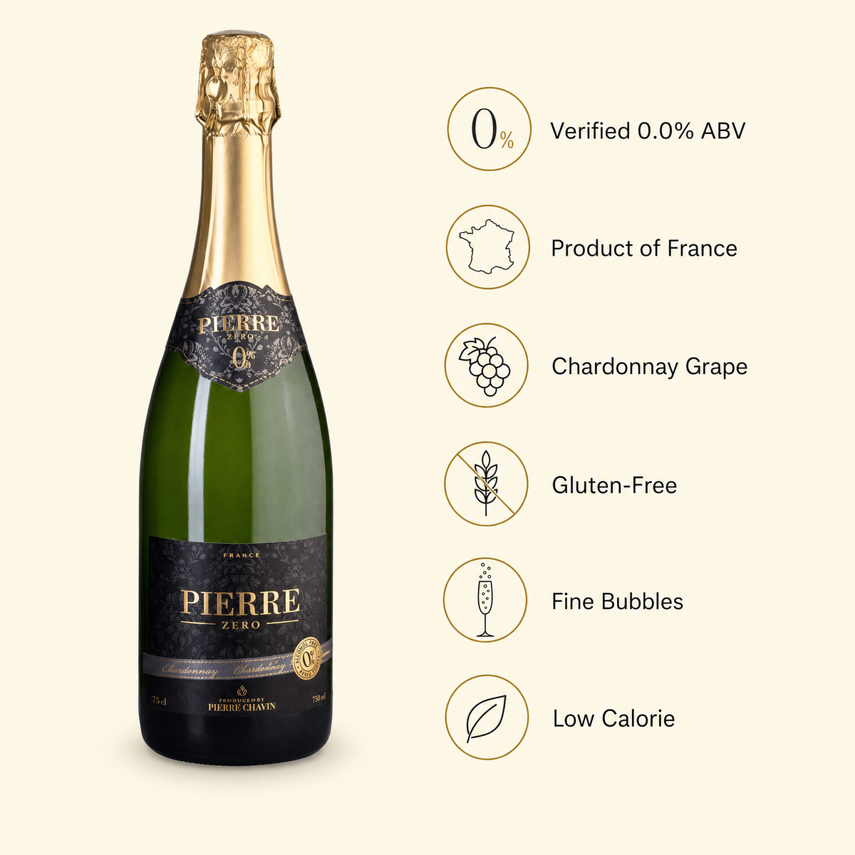 Pierre Zéro Chardonnay Sparkling benefits — 0.0% ABV, France, Chardonnay, gluten-free, fine bubbles, low calorie