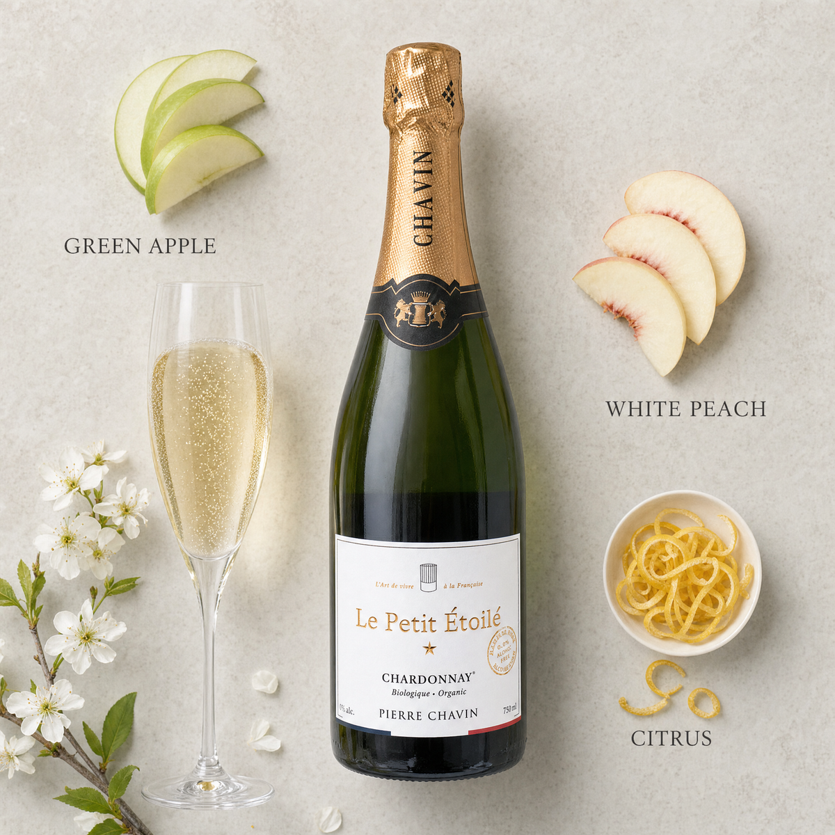 Le Petit Étoilé Chardonnay 0.0% — tasting notes flatlay