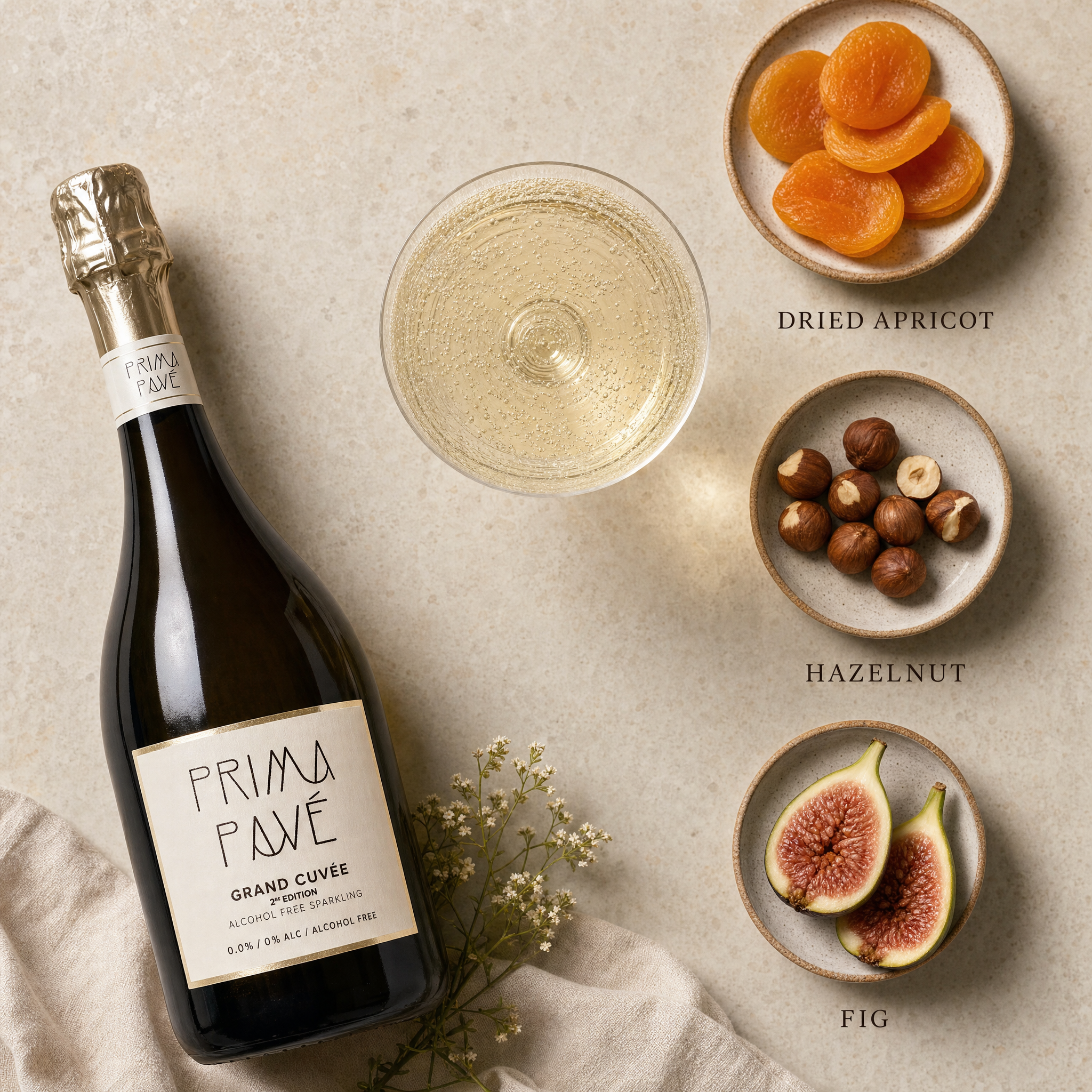 Prima Pavé Grand Cuvée 0.0% — tasting notes flatlay