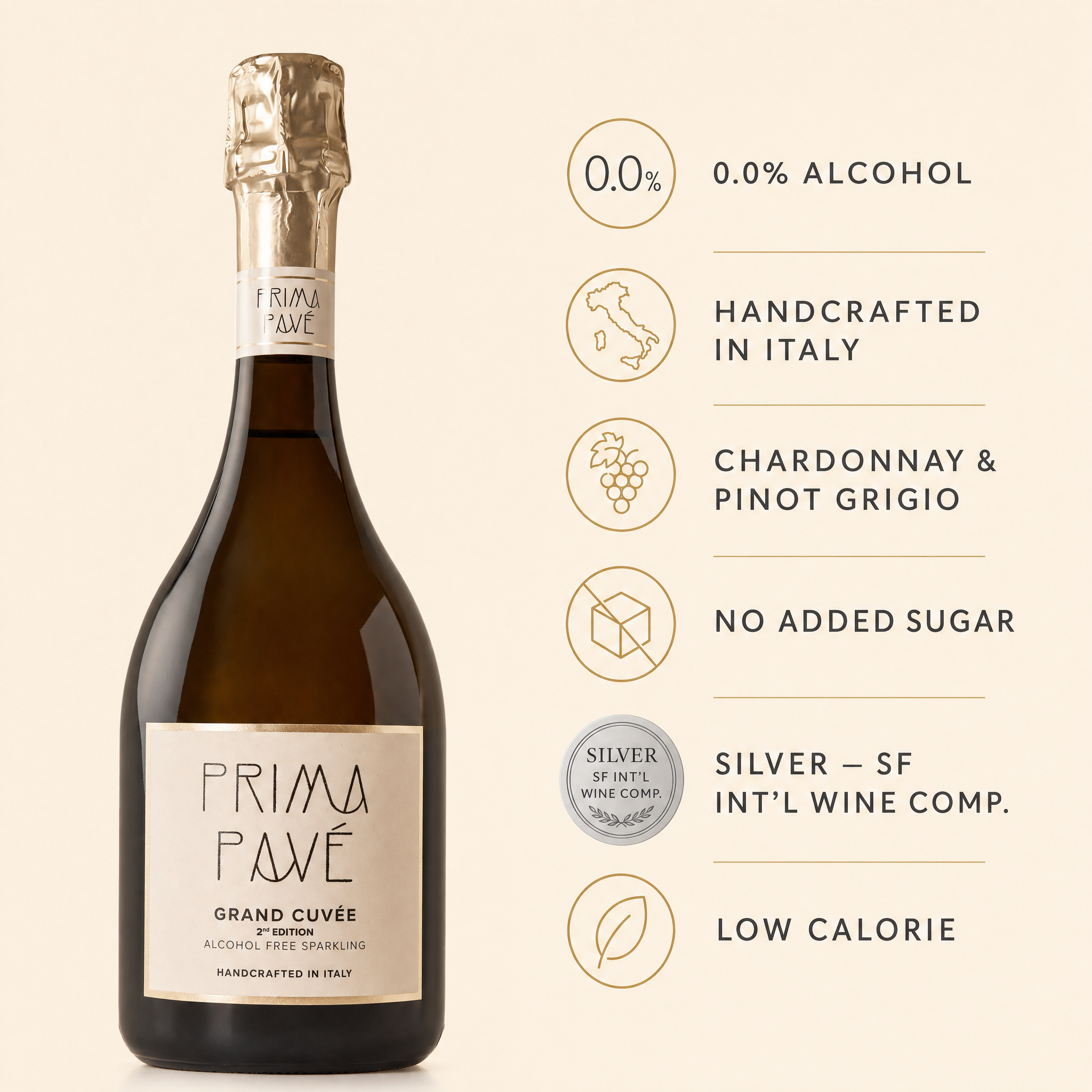 Prima Pavé Grand Cuvée 0.0% — benefits: Chardonnay & Pinot Grigio, no added sugar, Silver medal