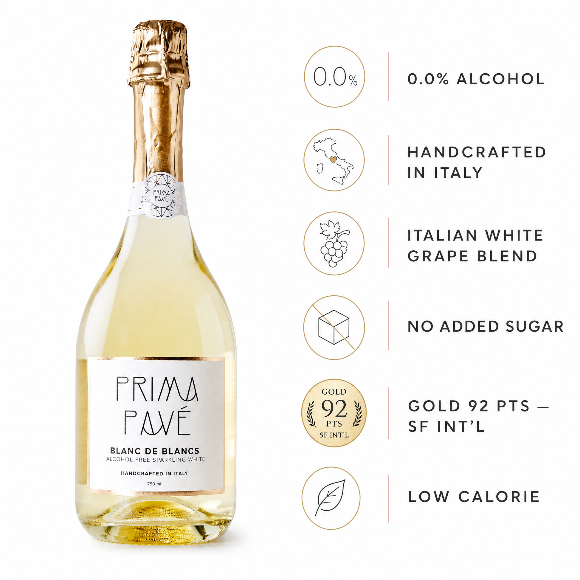Prima Pavé Blanc de Blancs 0.0% — benefits: Italian white grape blend, no added sugar, Gold 92pts