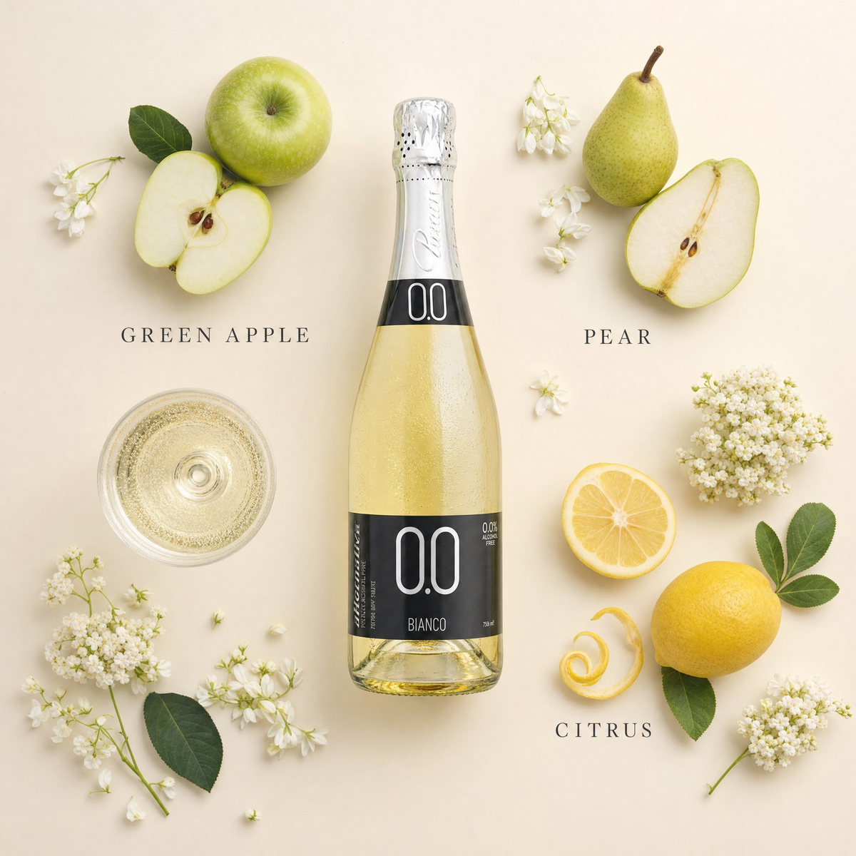 Princess alternativa Bianco Extra Dry 0.0% — tasting notes flatlay