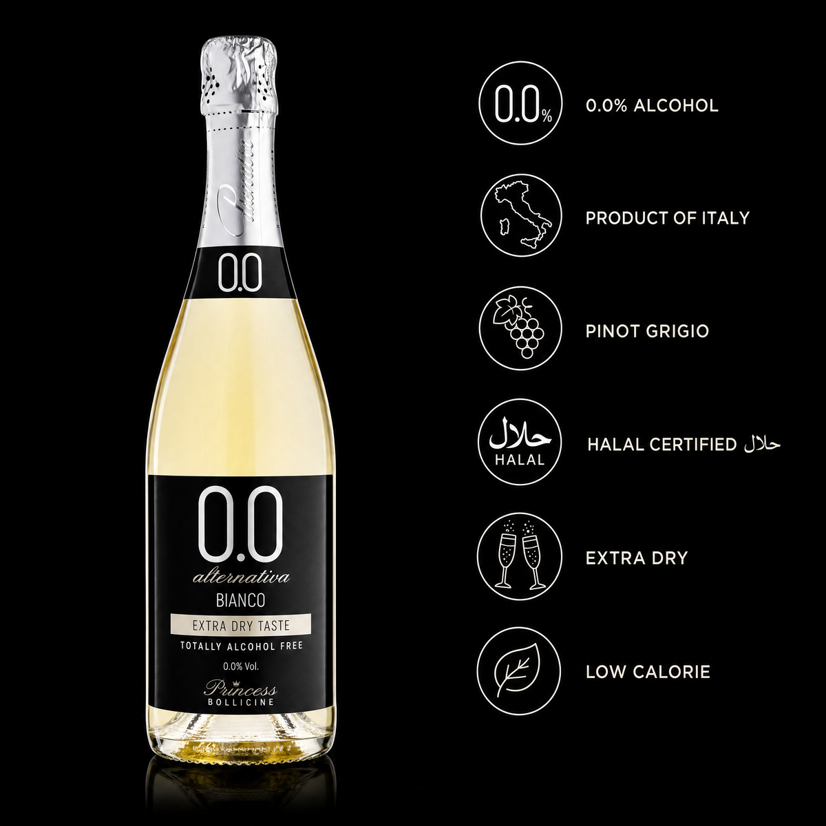 Princess alternativa Bianco Extra Dry 0.0% — benefits: Italy, Pinot Grigio, halal, extra dry