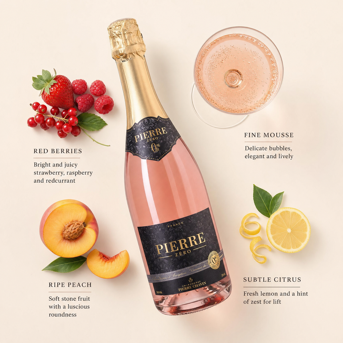 Pierre Zéro Rosé Sparkling (0.0%) — Tasting flatlay