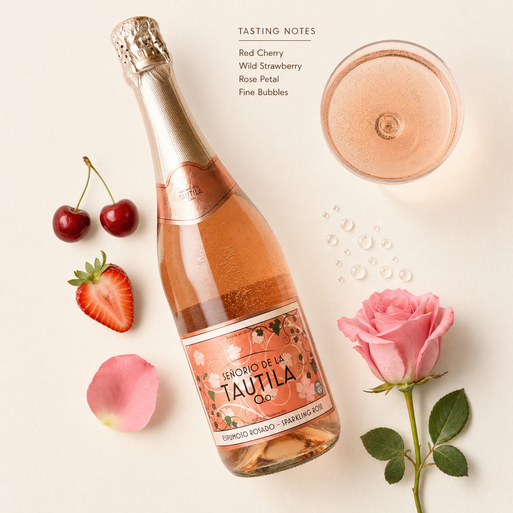 La Tautila Espumoso Rosado (0.0%) — Tasting flatlay