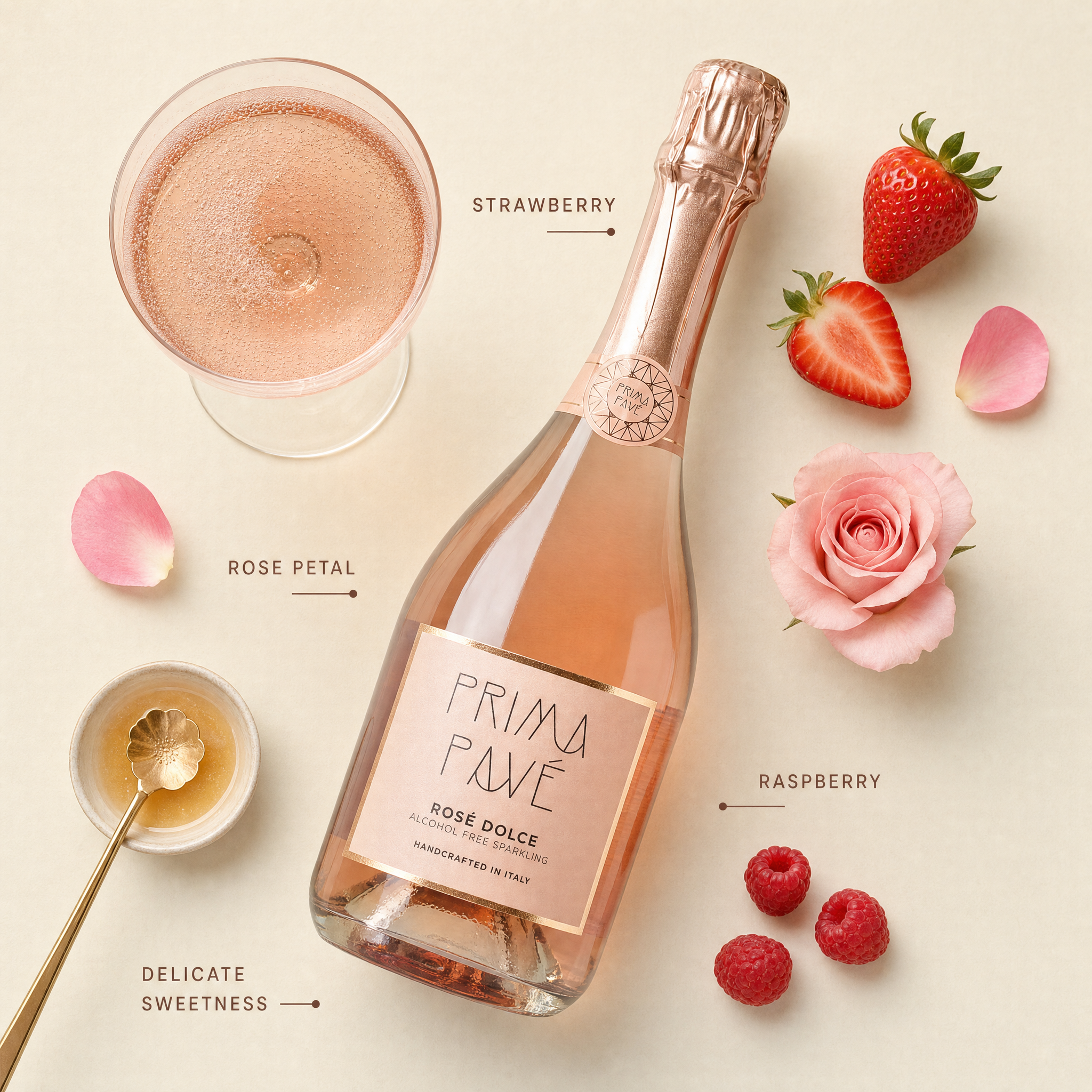 Prima Pavé Rosé Dolce Demi-Sec (0.0%) — Tasting flatlay