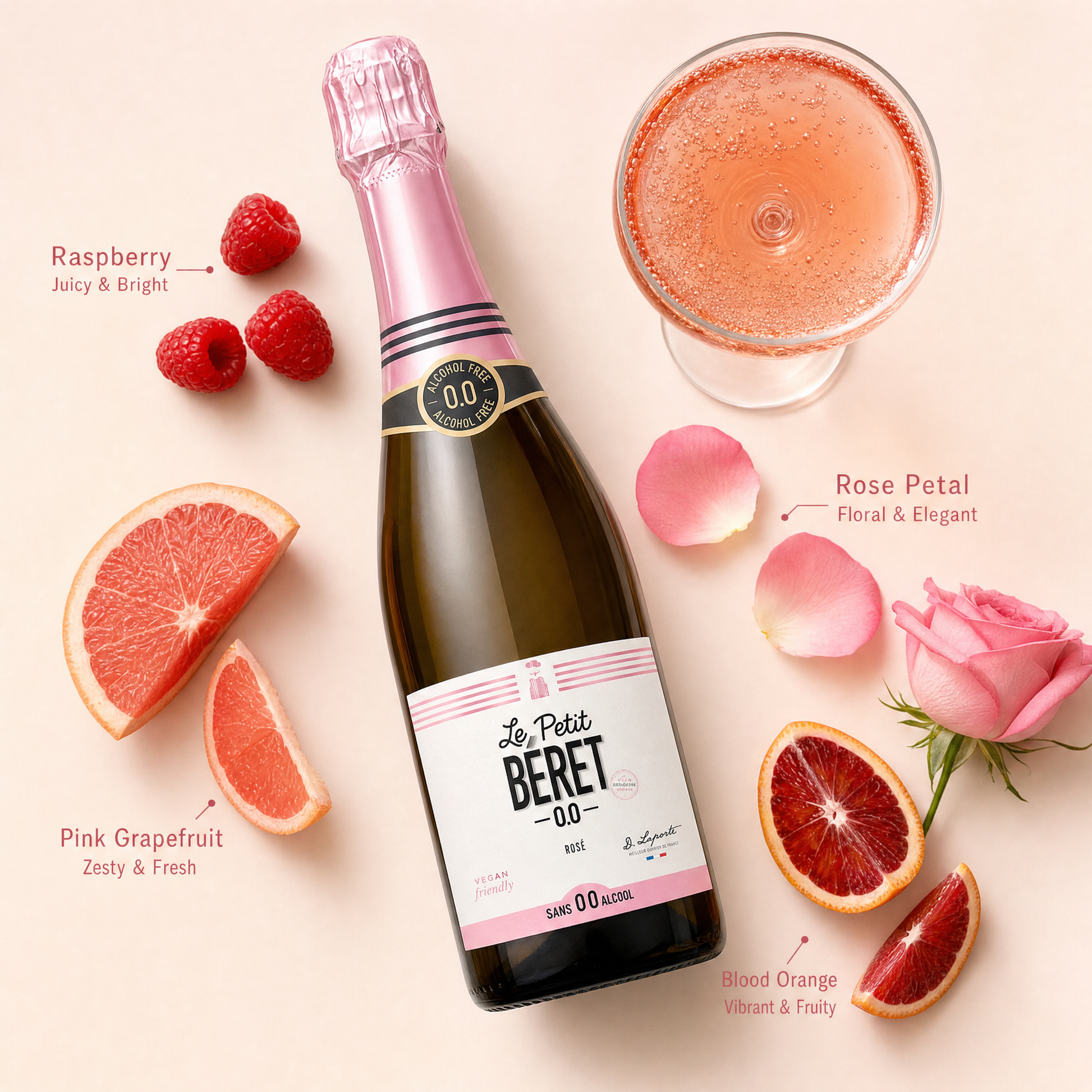 Le Petit Béret Sparkling Rosé (0.0%) — Tasting flatlay