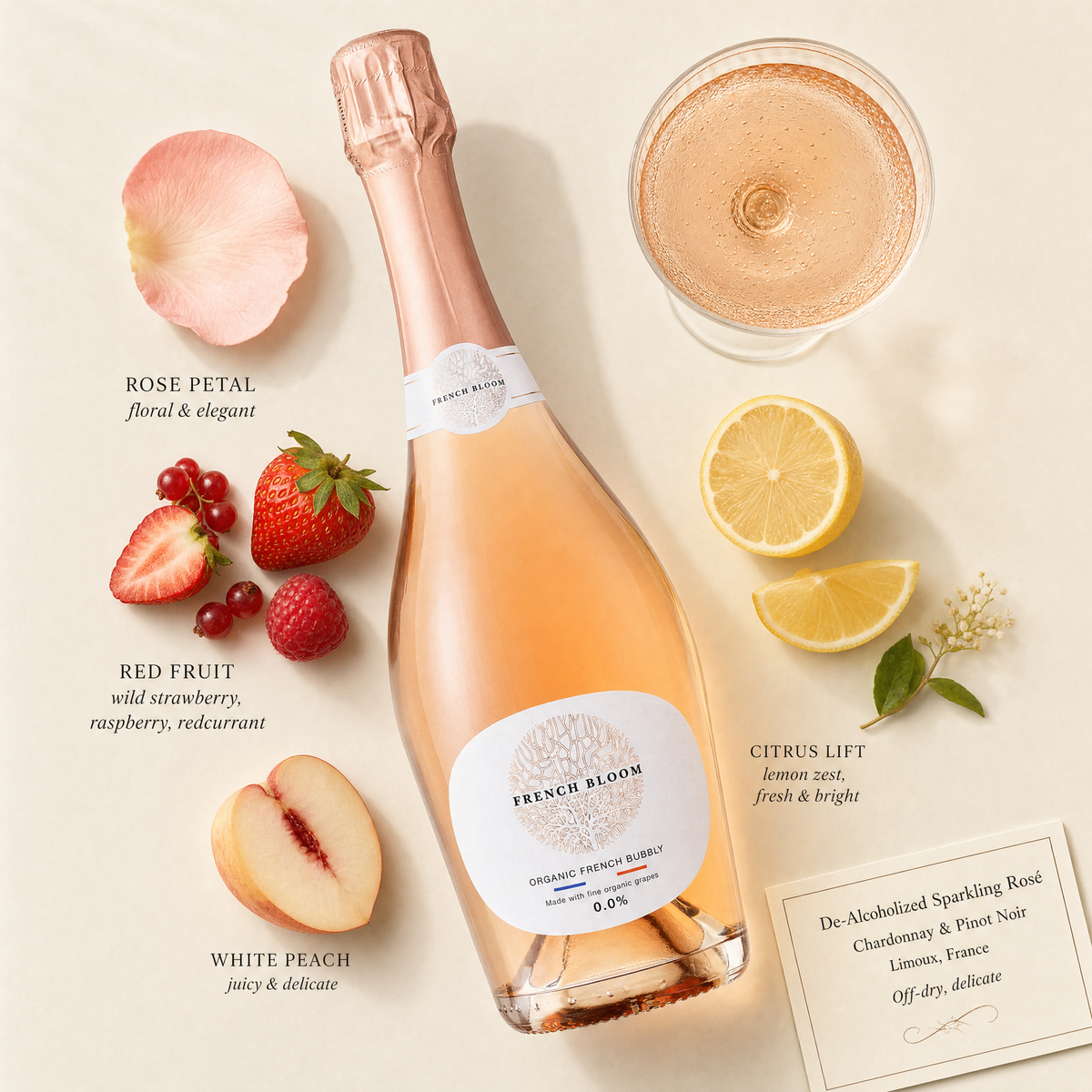 French Bloom Le Rosé (0.0%) — Tasting flatlay