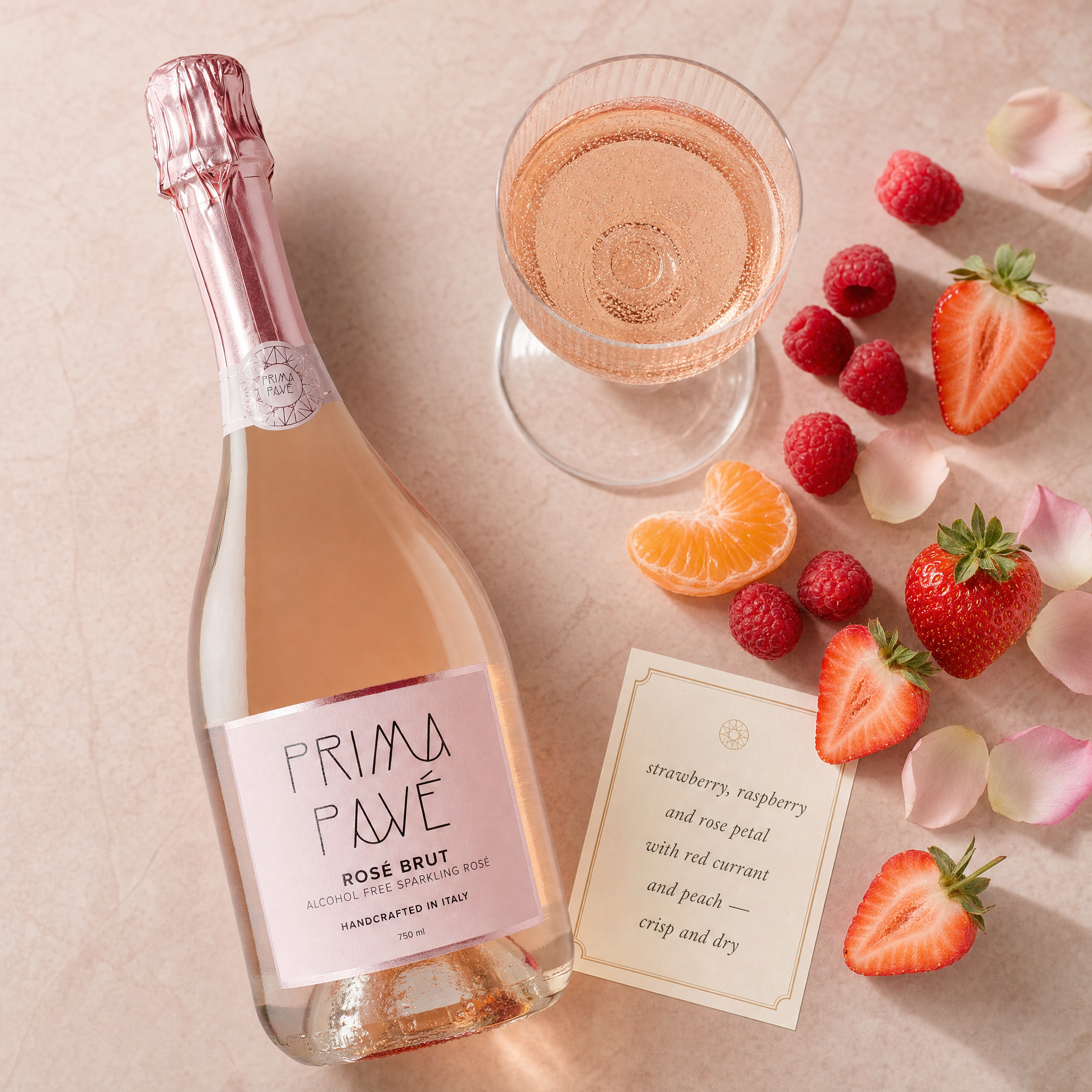 Prima Pavé Rosé Brut — tasting flatlay