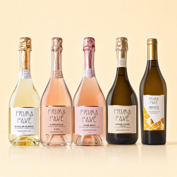 Prima Pave Complete Collection — five 0.0% non-alcoholic Italian wines: Blanc de Blancs, Rose Dolce, Rose Brut, Grand Cuvee, Bianca D'Or