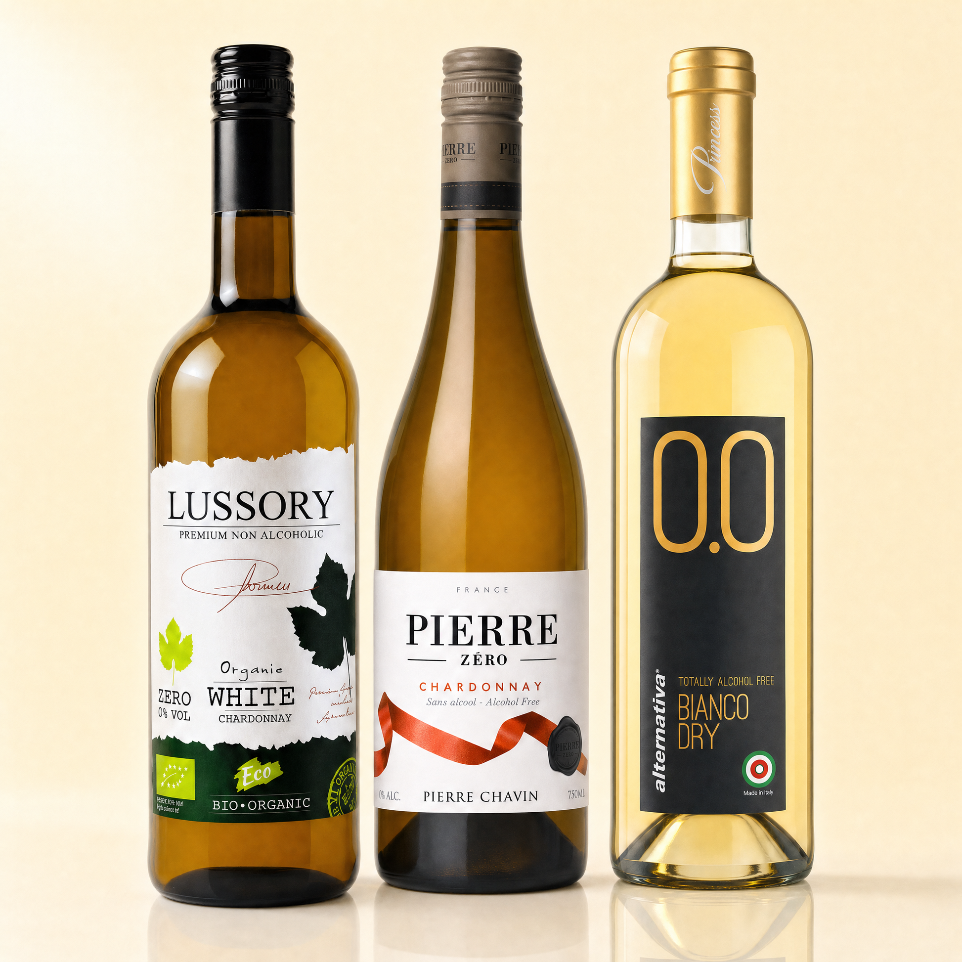 White Wine Sampler 3-bottle set — Lussory Organic Chardonnay, Pierre Zero Chardonnay, Princess Blanco Dry — 0.0% non-alcoholic