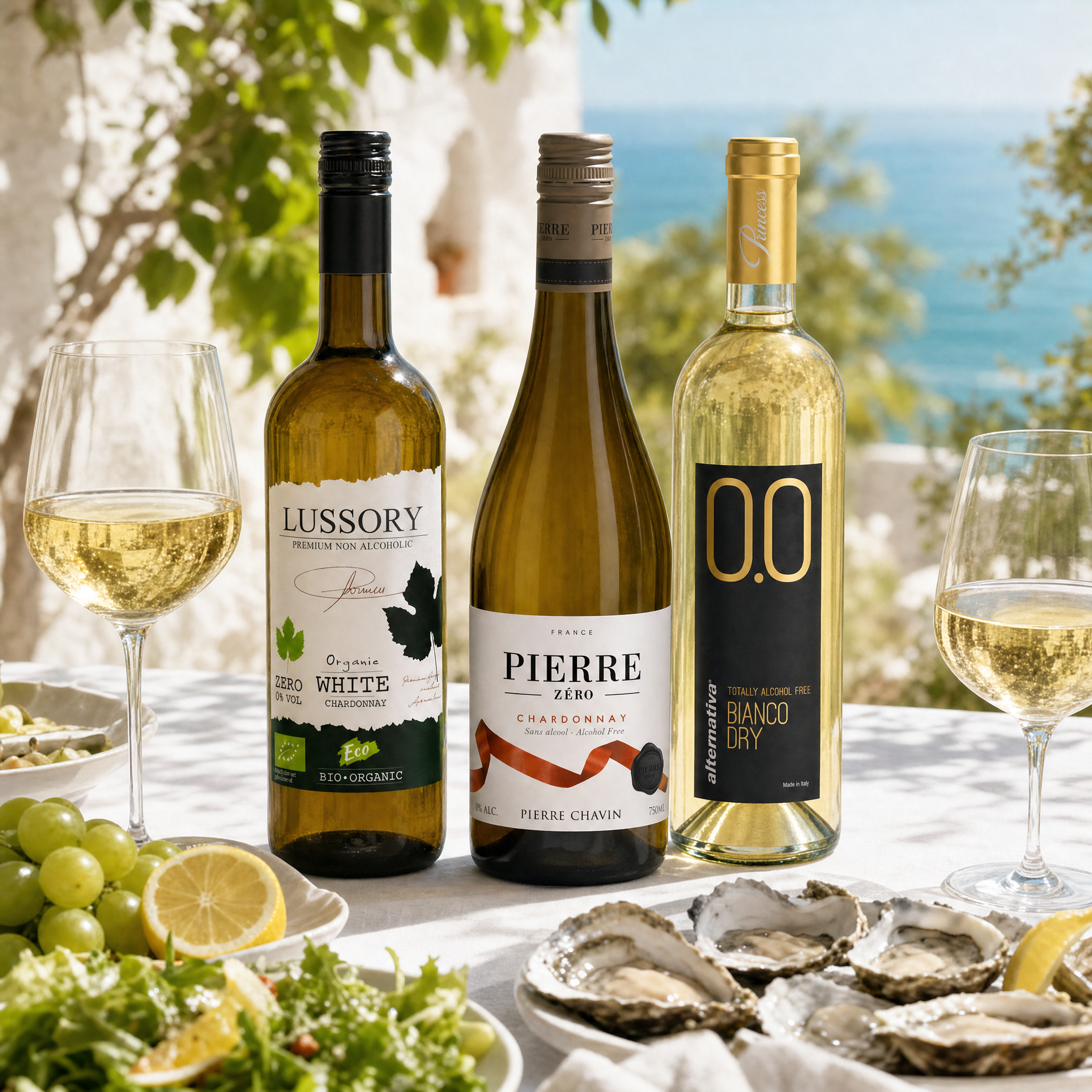 White Wine Sampler — Mediterranean brunch table with three 0.0% white wines
