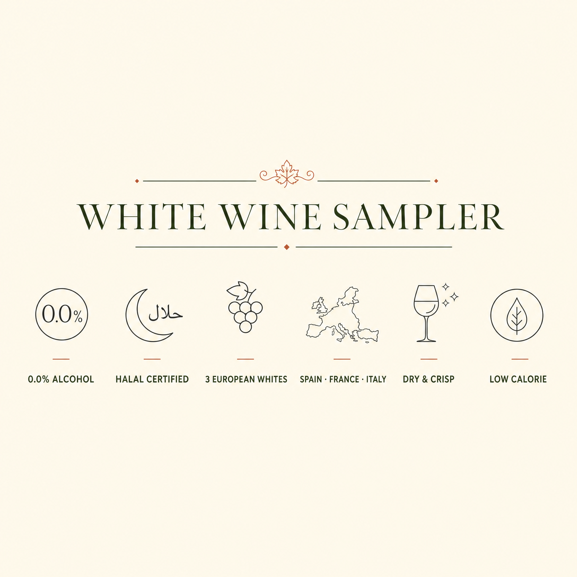 White Wine Sampler — 0.0% alcohol, Halal certified, three European whites