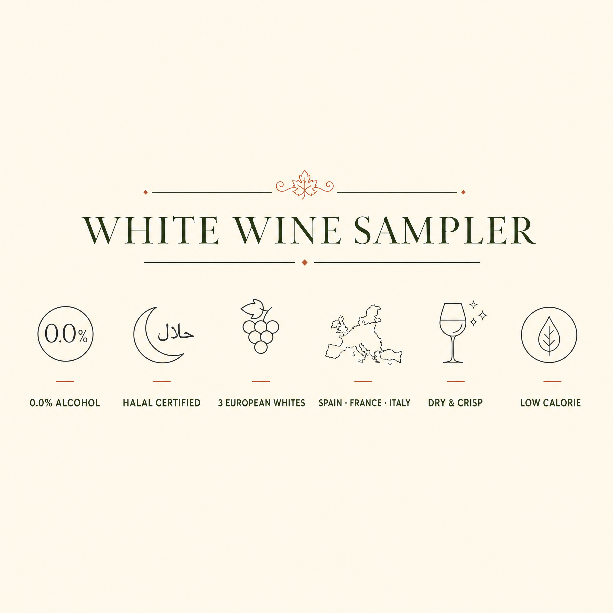 White Wine Sampler — 0.0% alcohol, Halal certified, three European whites