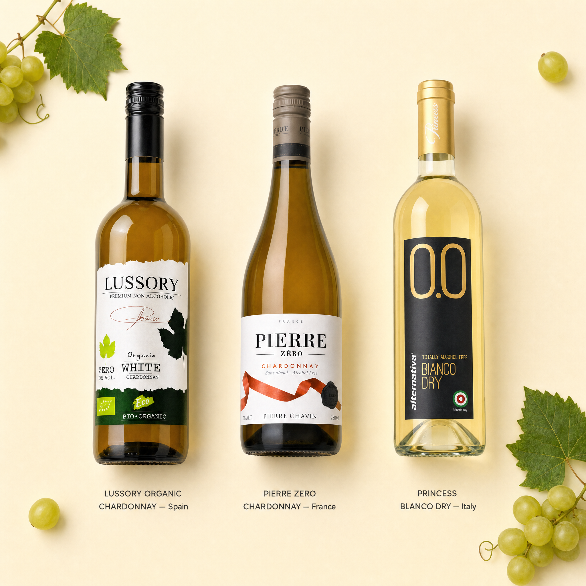 White Wine Sampler — what's inside: three European 0.0% white wines from Spain, France and Italy