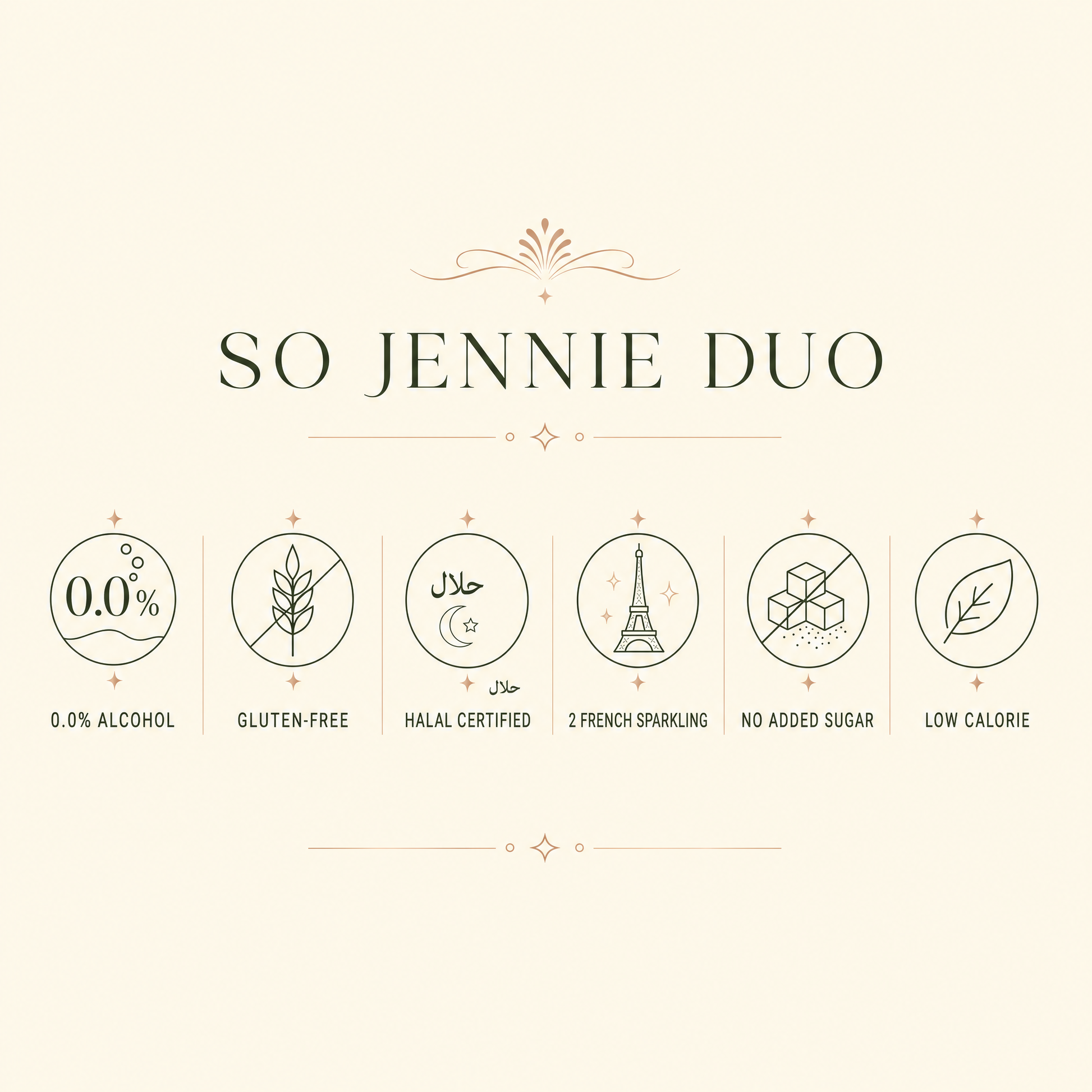So Jennie Duo — 0.0% alcohol, gluten-free, Halal certified, no added sugar