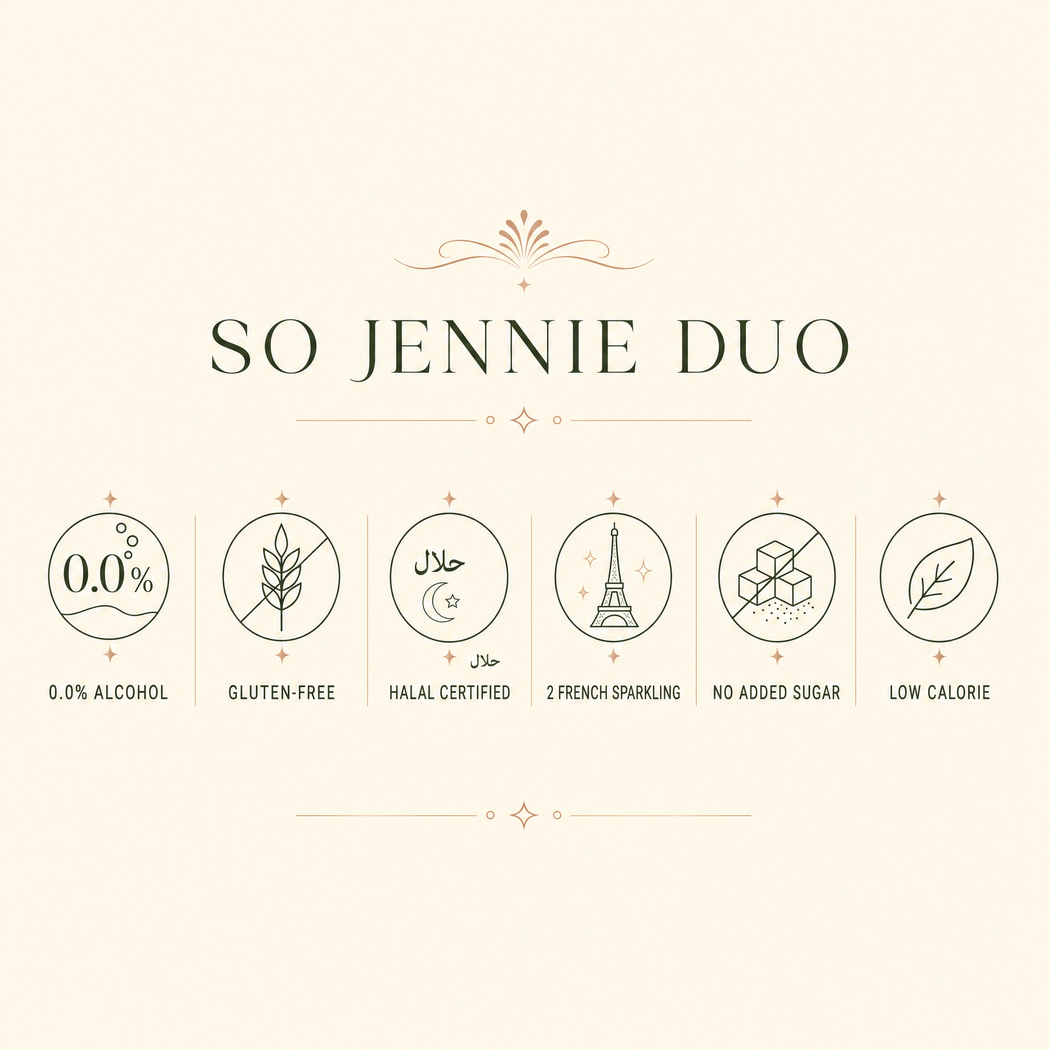 So Jennie Duo — 0.0% alcohol, gluten-free, Halal certified, no added sugar