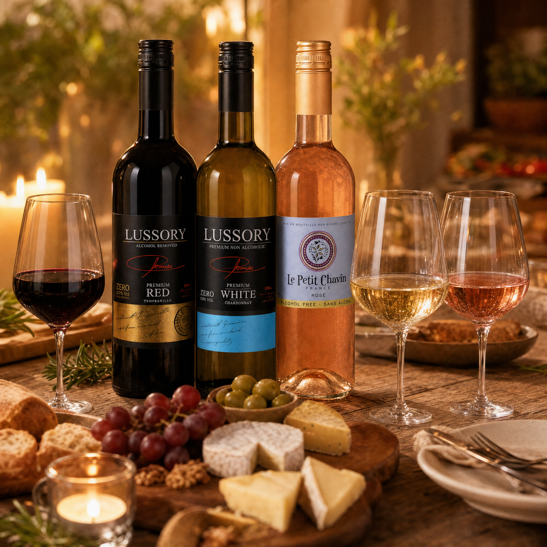 Everyday Elegance Trio — Lussory Tempranillo, Lussory Chardonnay, Le Petit Chavin Rose — 0.0% non-alcoholic red, white and rose