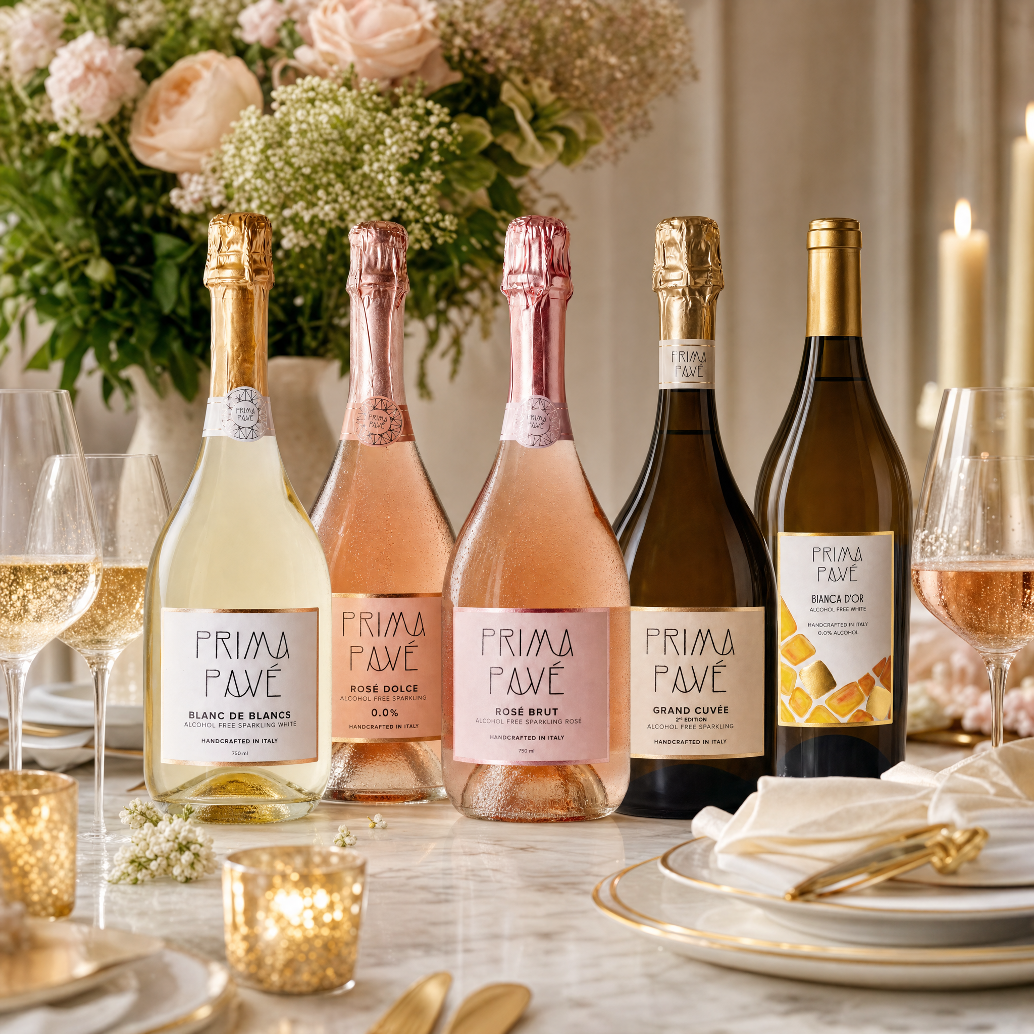 Prima Pave Complete Collection — luxury Italian dinner party with 0.0% sparkling and still wines
