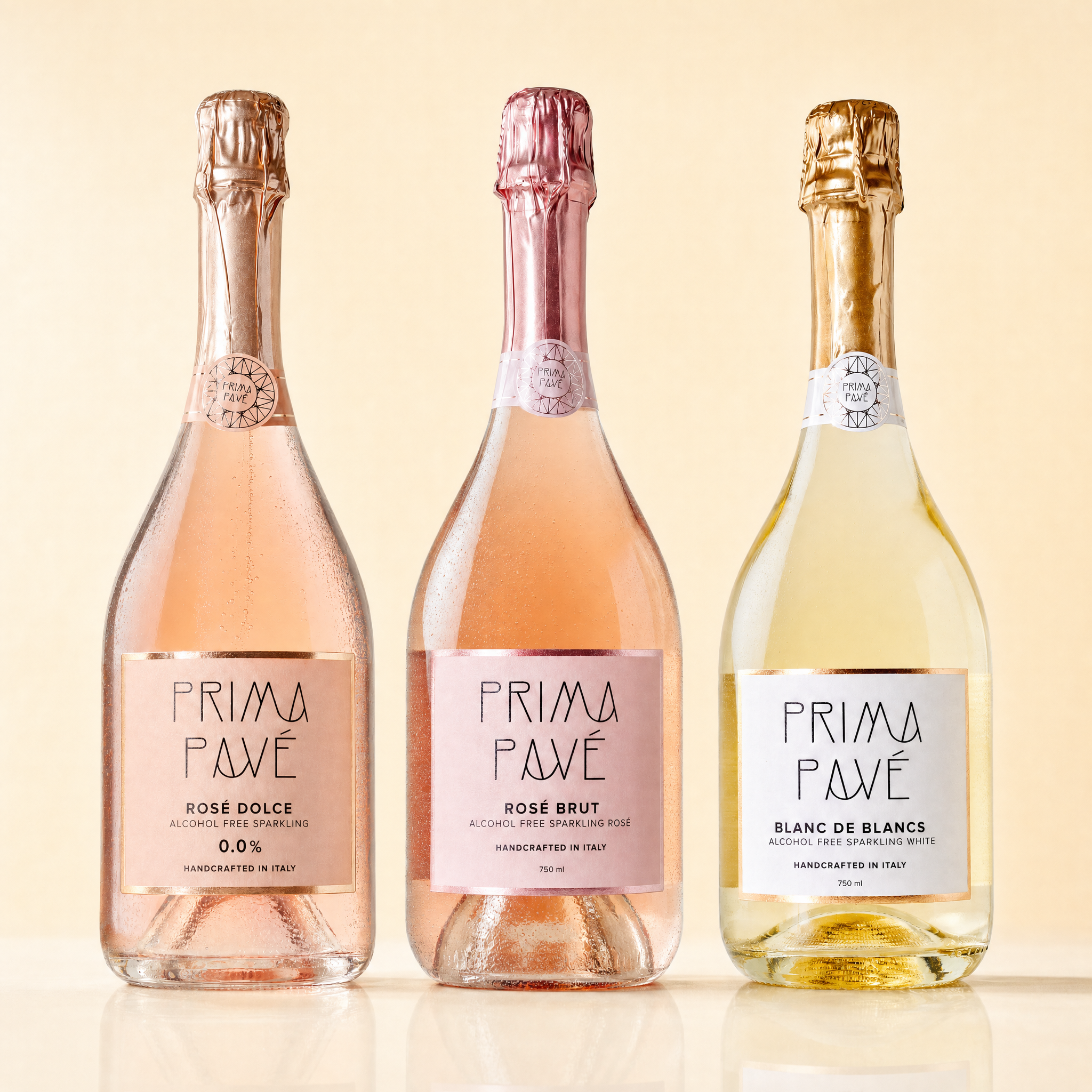 Prima Pave Sparkling Trio — Rose Dolce, Rose Brut, Blanc de Blancs — 0.0% non-alcoholic Italian sparkling