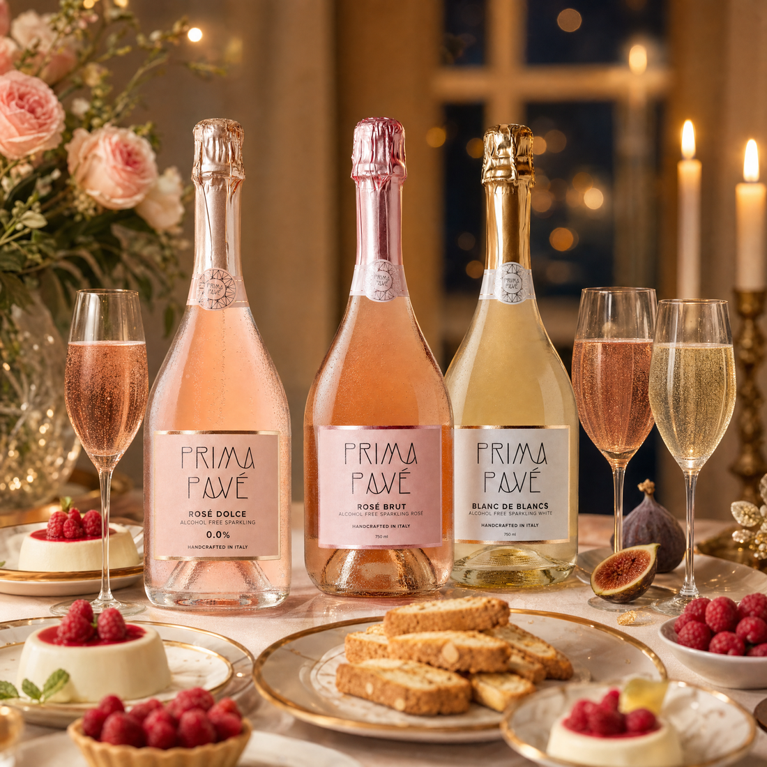 Prima Pave Sparkling Trio — Rose Dolce, Rose Brut, Blanc de Blancs — 0.0% non-alcoholic Italian sparkling