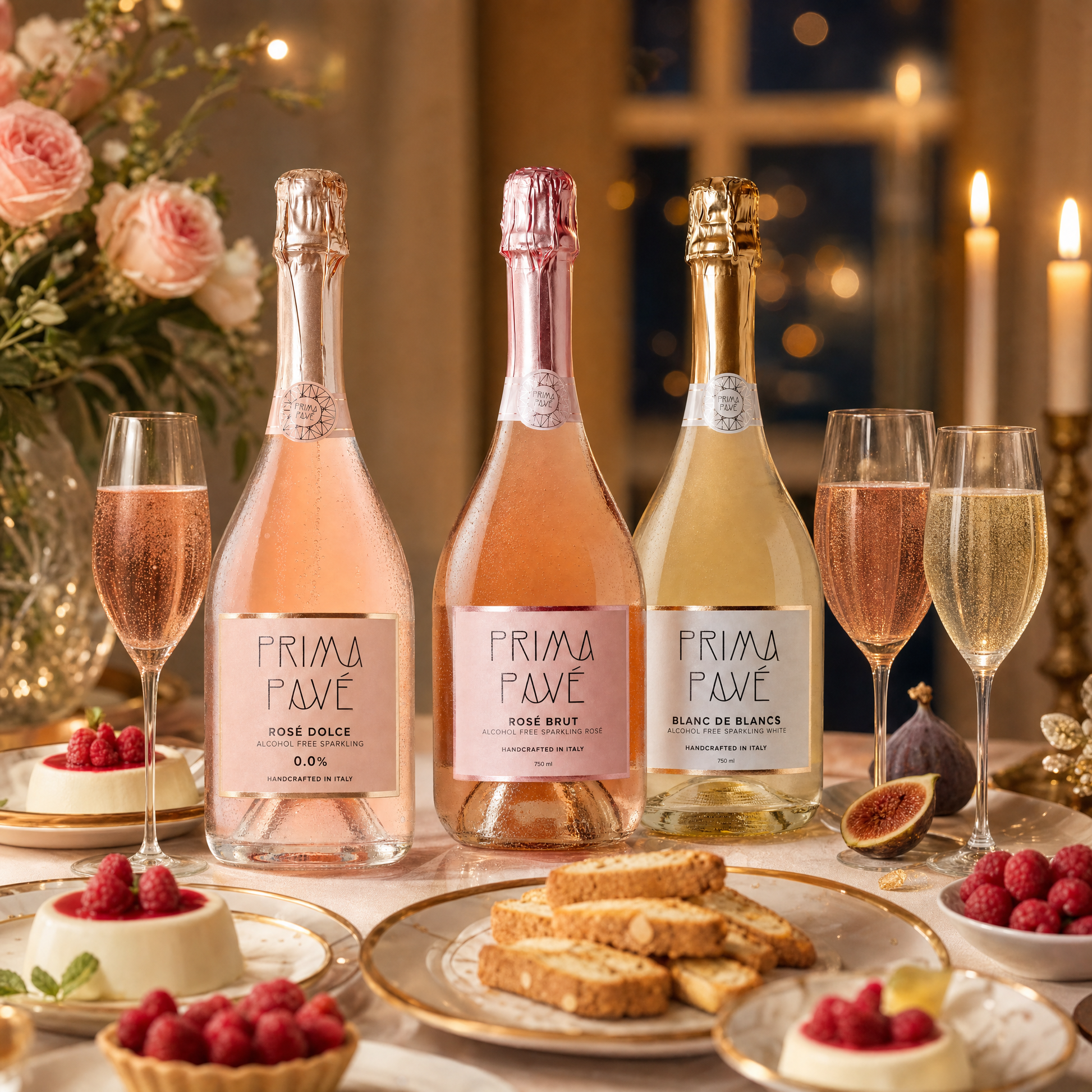 Prima Pave Sparkling Trio — festive dessert table with 0.0% sparkling wines