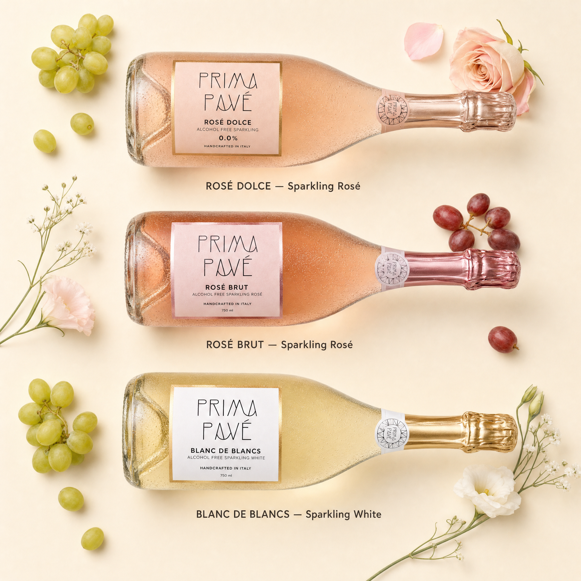 Prima Pave Sparkling Trio — what's inside: Rose Dolce, Rose Brut and Blanc de Blancs from Northern Italy